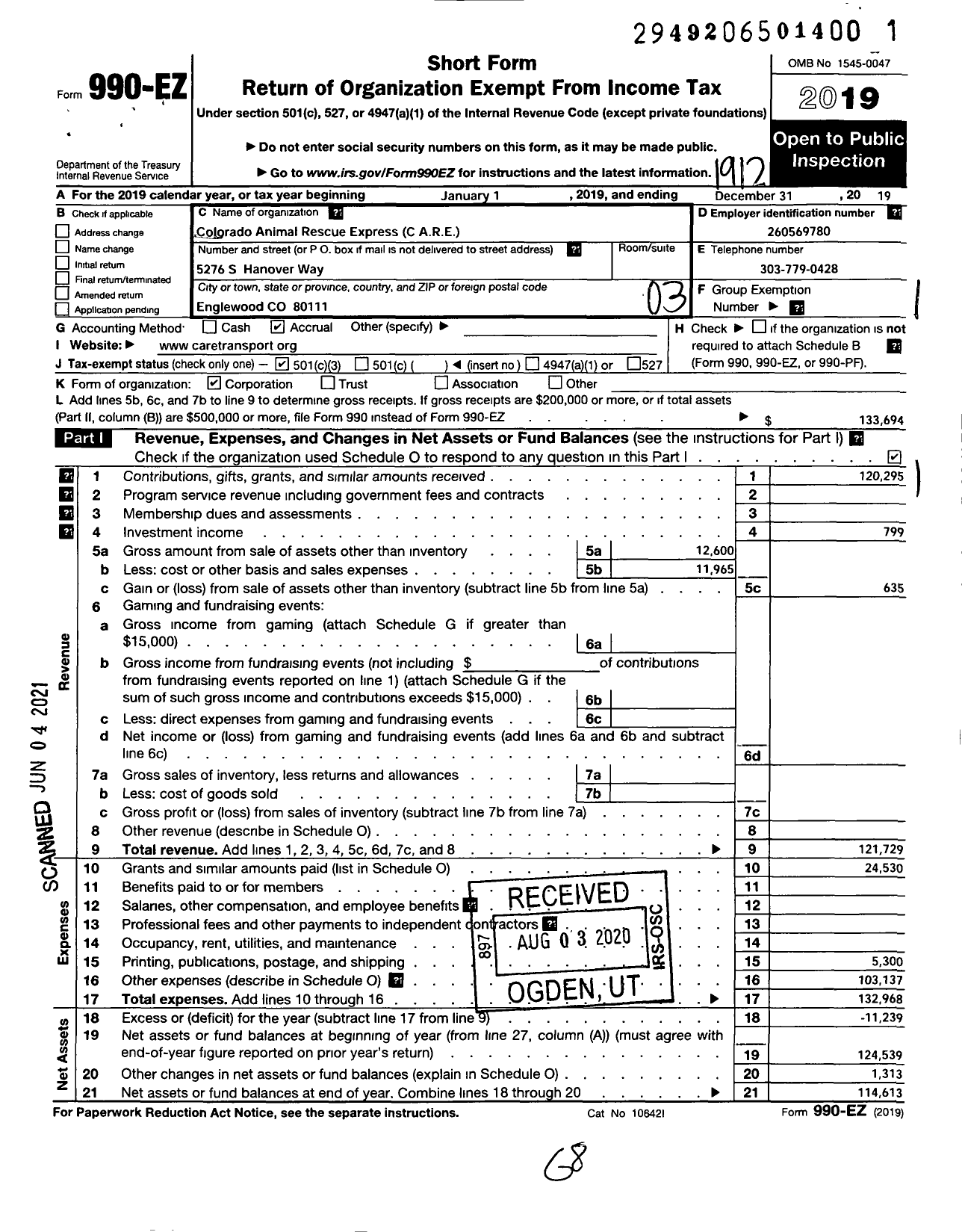 Image of first page of 2019 Form 990EZ for Colorado Animal Rescue Express (CARE)