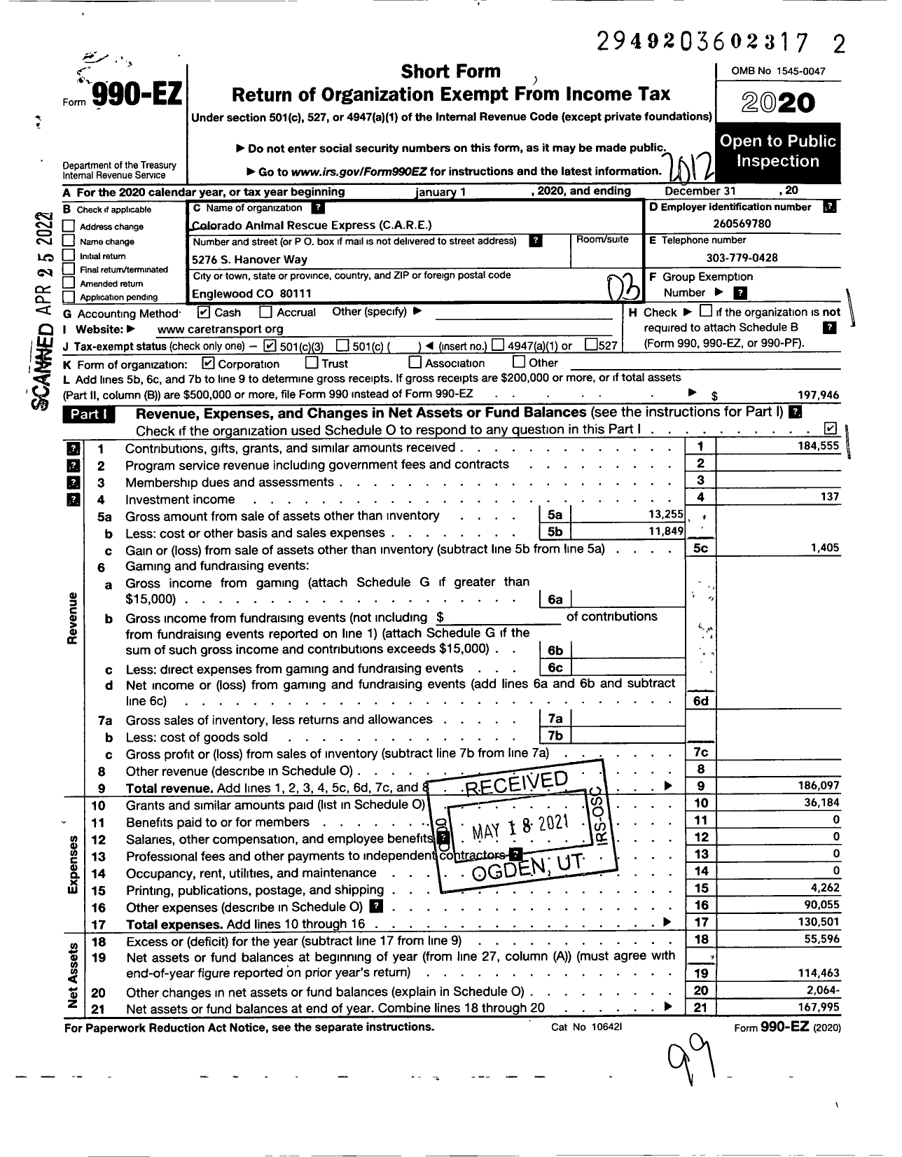 Image of first page of 2020 Form 990EZ for Colorado Animal Rescue Express (CARE)