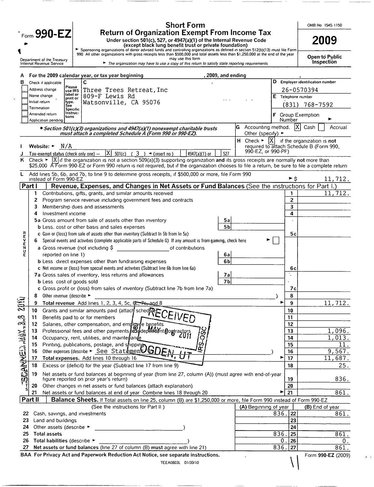 Image of first page of 2009 Form 990EZ for Three Trees Retreat