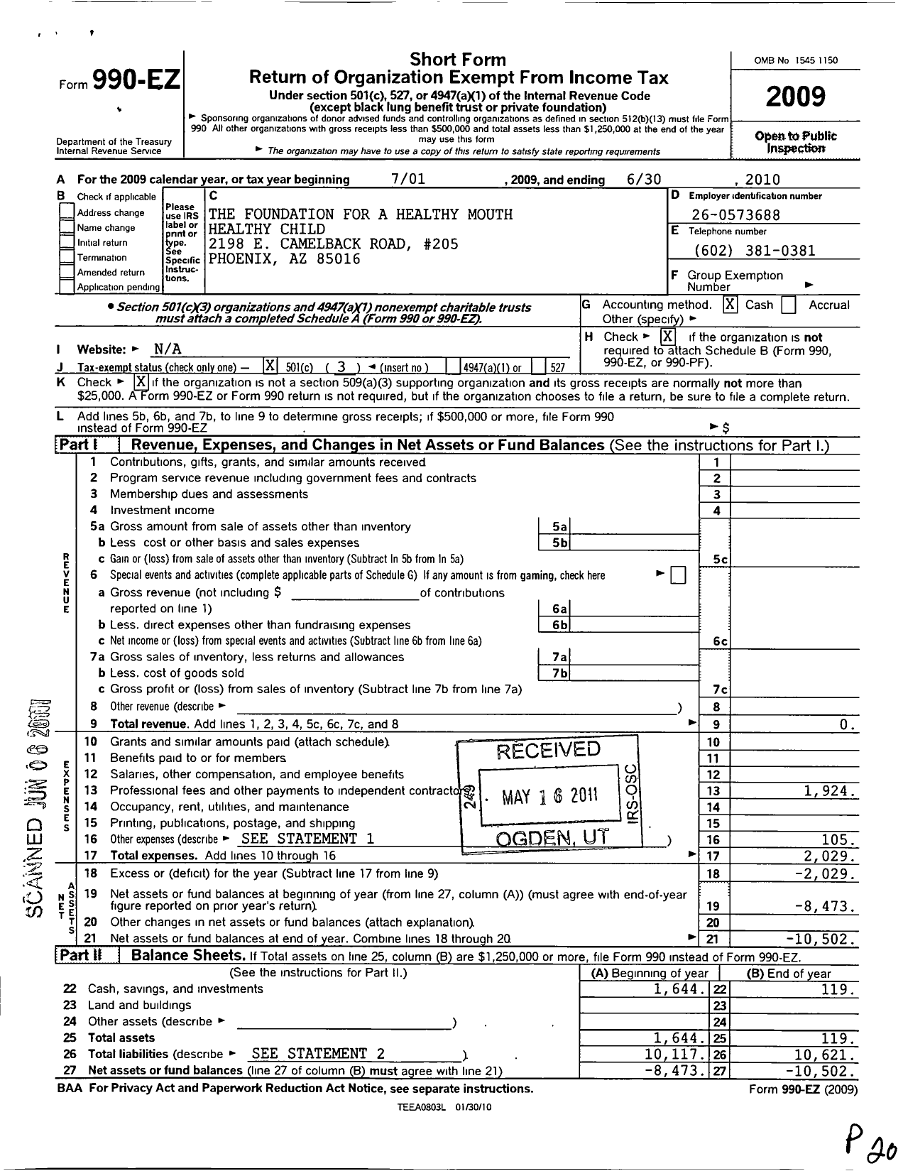 Image of first page of 2009 Form 990EZ for Foundation for A Healthy Mouth - Healthy Child