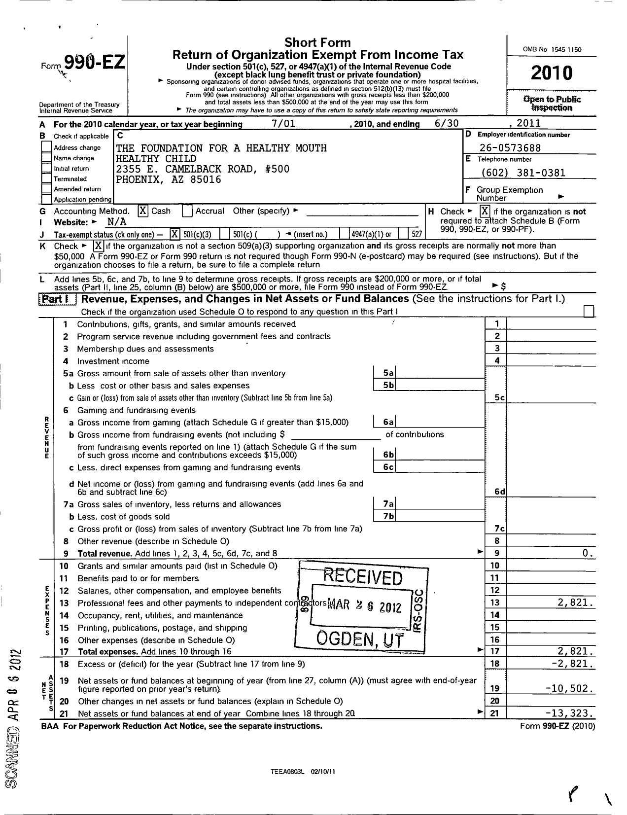 Image of first page of 2010 Form 990EZ for Foundation for A Healthy Mouth - Healthy Child