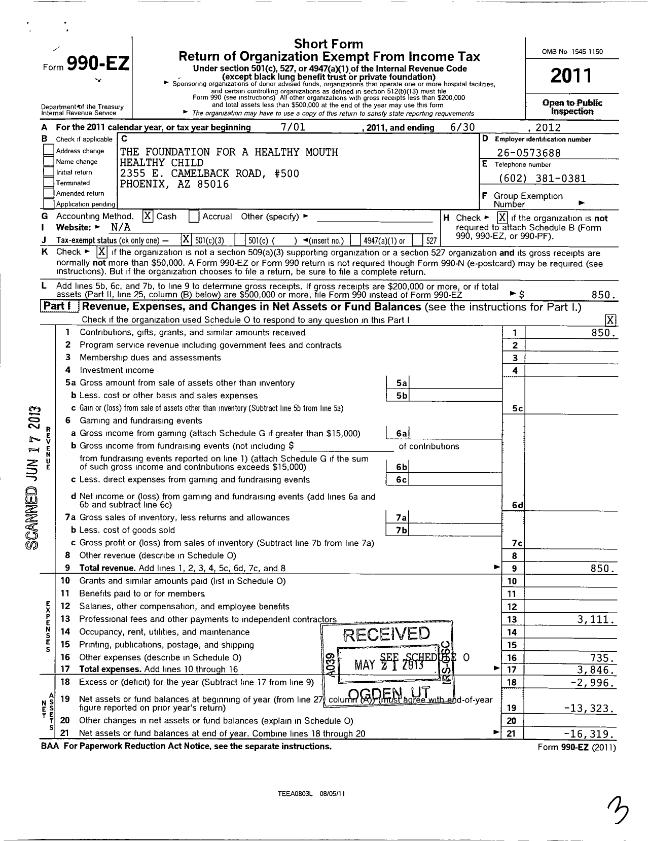 Image of first page of 2011 Form 990EZ for Foundation for A Healthy Mouth - Healthy Child