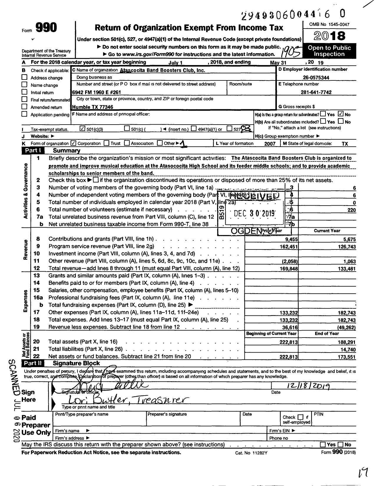 Image of first page of 2018 Form 990 for Atascocita Band Boosters Club