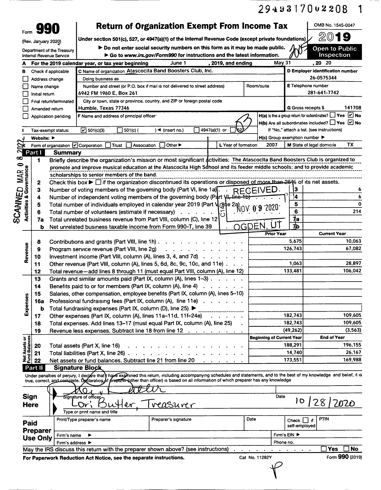 Image of first page of 2019 Form 990 for Atascocita Band Boosters Club