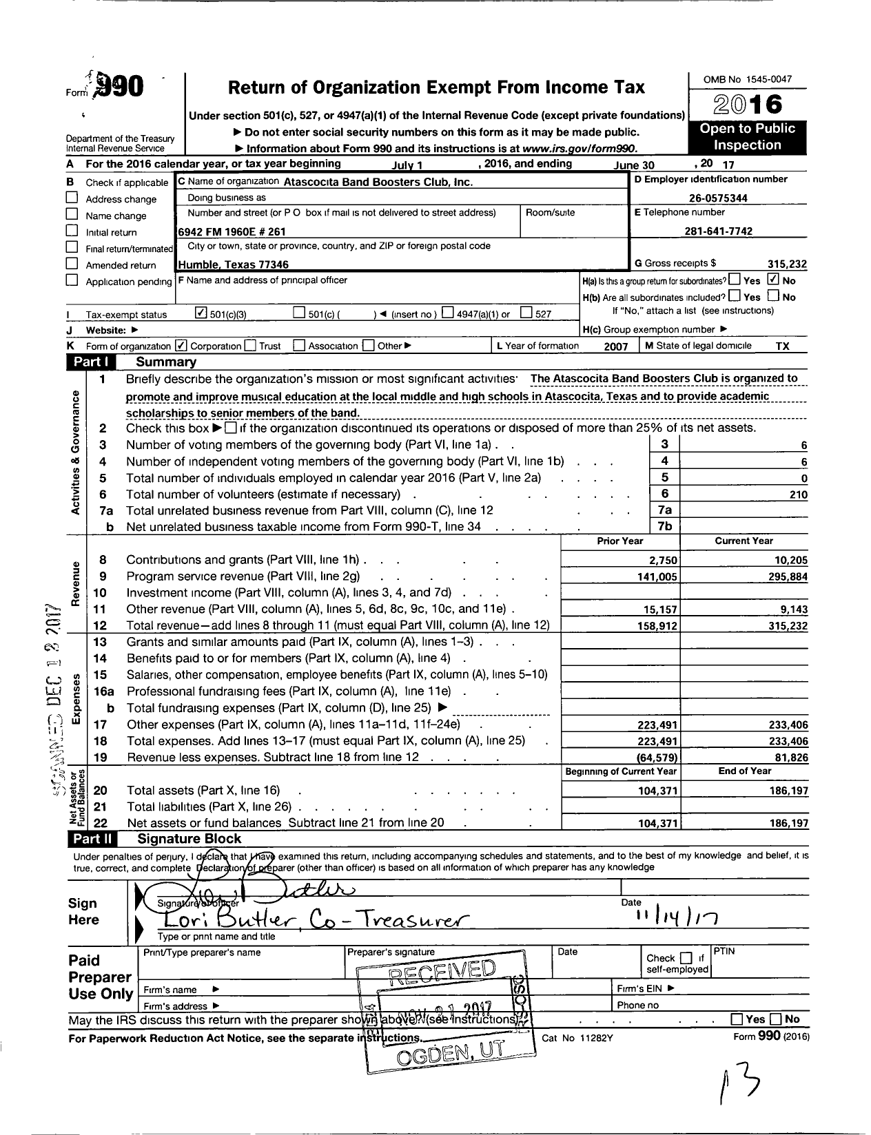 Image of first page of 2016 Form 990 for Atascocita Band Boosters Club