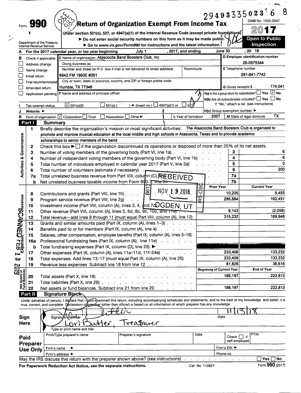 Image of first page of 2017 Form 990 for Atascocita Band Boosters Club