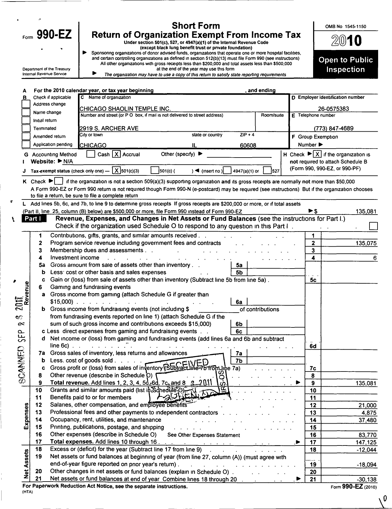 Image of first page of 2010 Form 990EZ for Chicago Shaolin Temple