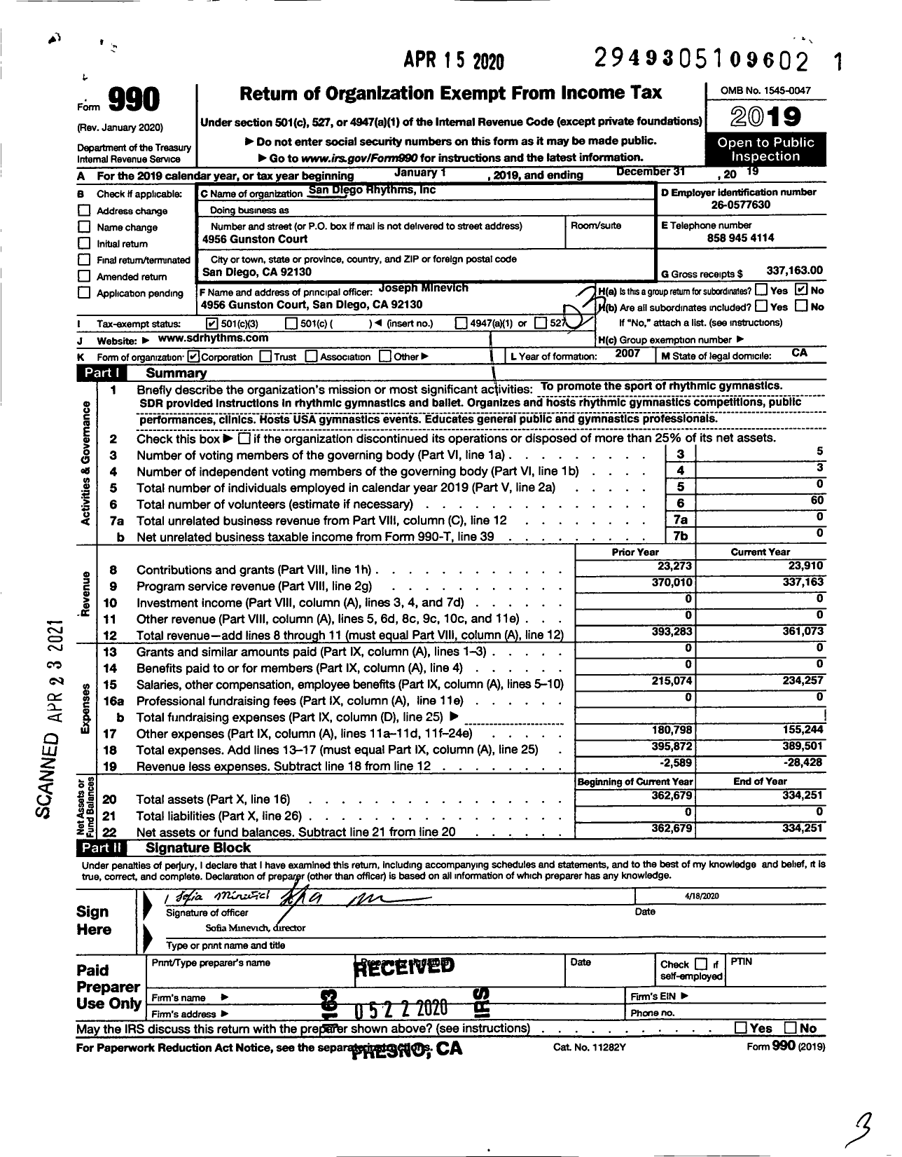 Image of first page of 2019 Form 990 for San Diego Rhythms