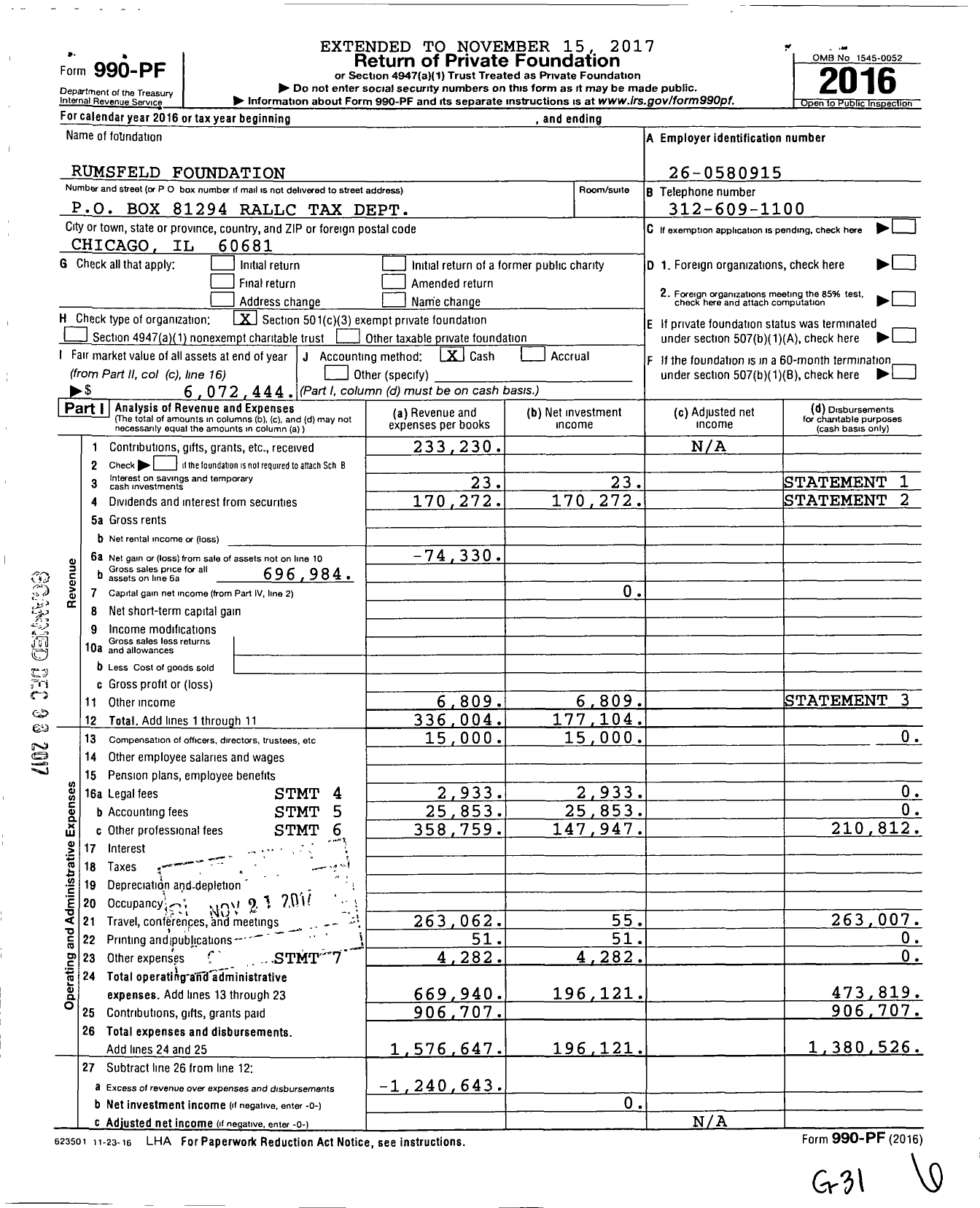 Image of first page of 2016 Form 990PF for Rumsfeld Foundation