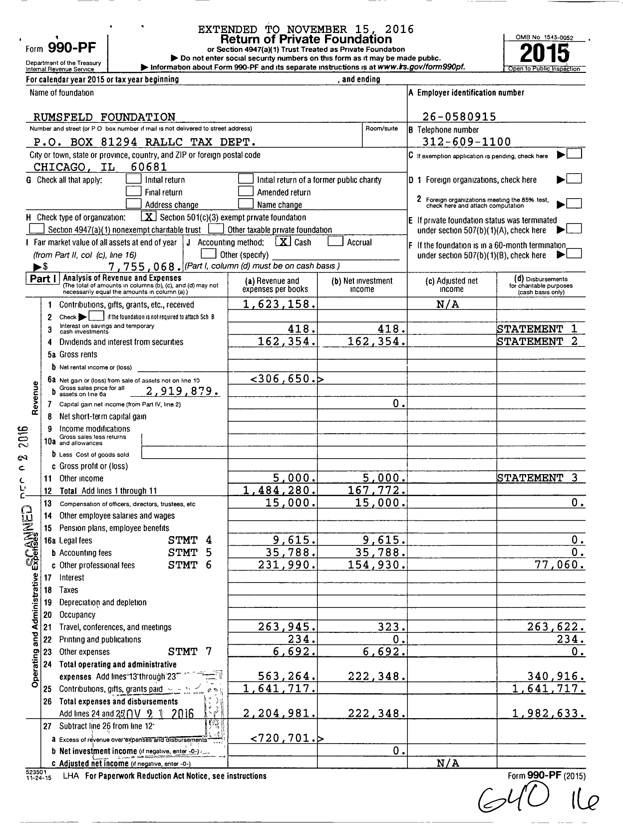 Image of first page of 2015 Form 990PF for Rumsfeld Foundation