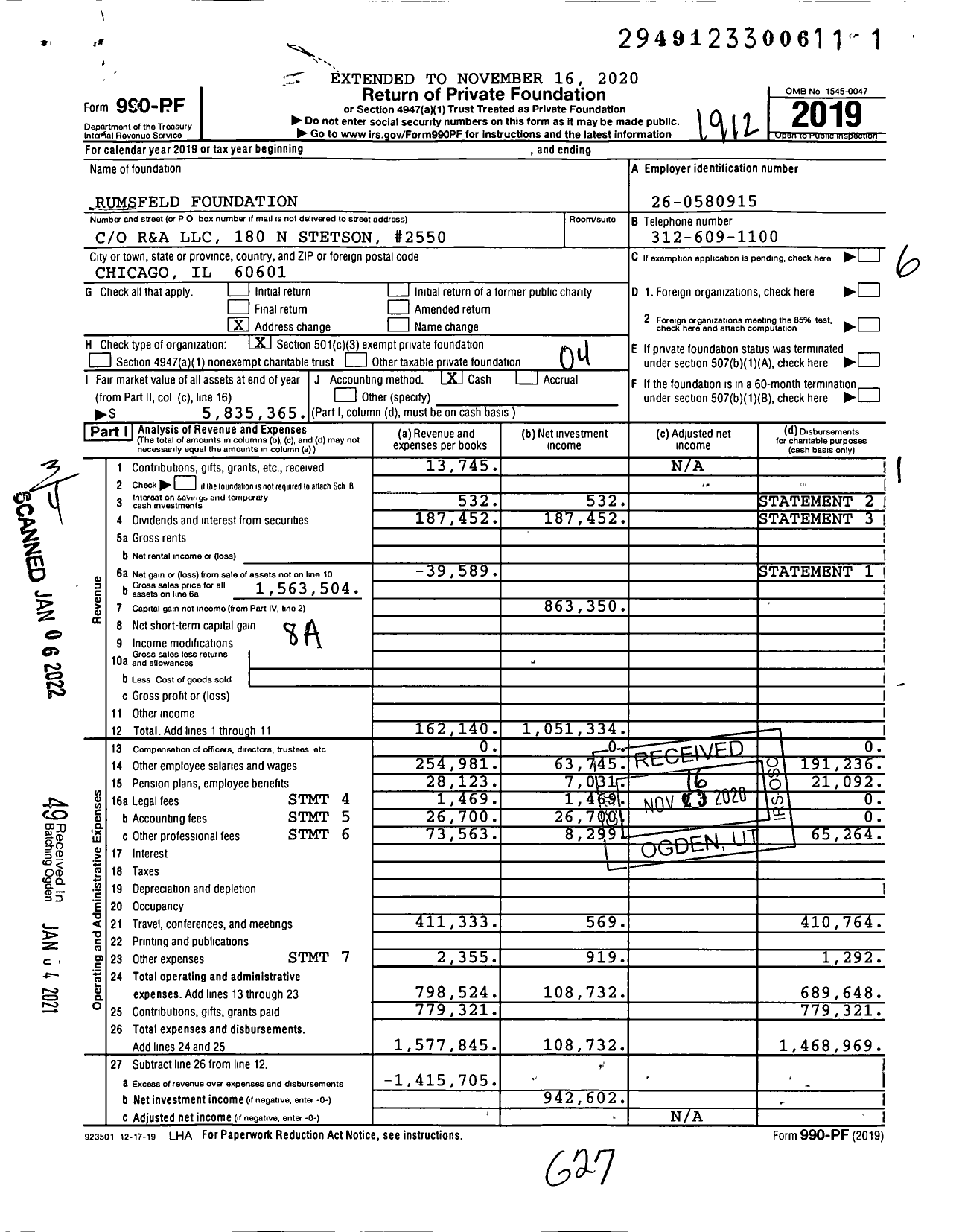 Image of first page of 2019 Form 990PF for Rumsfeld Foundation