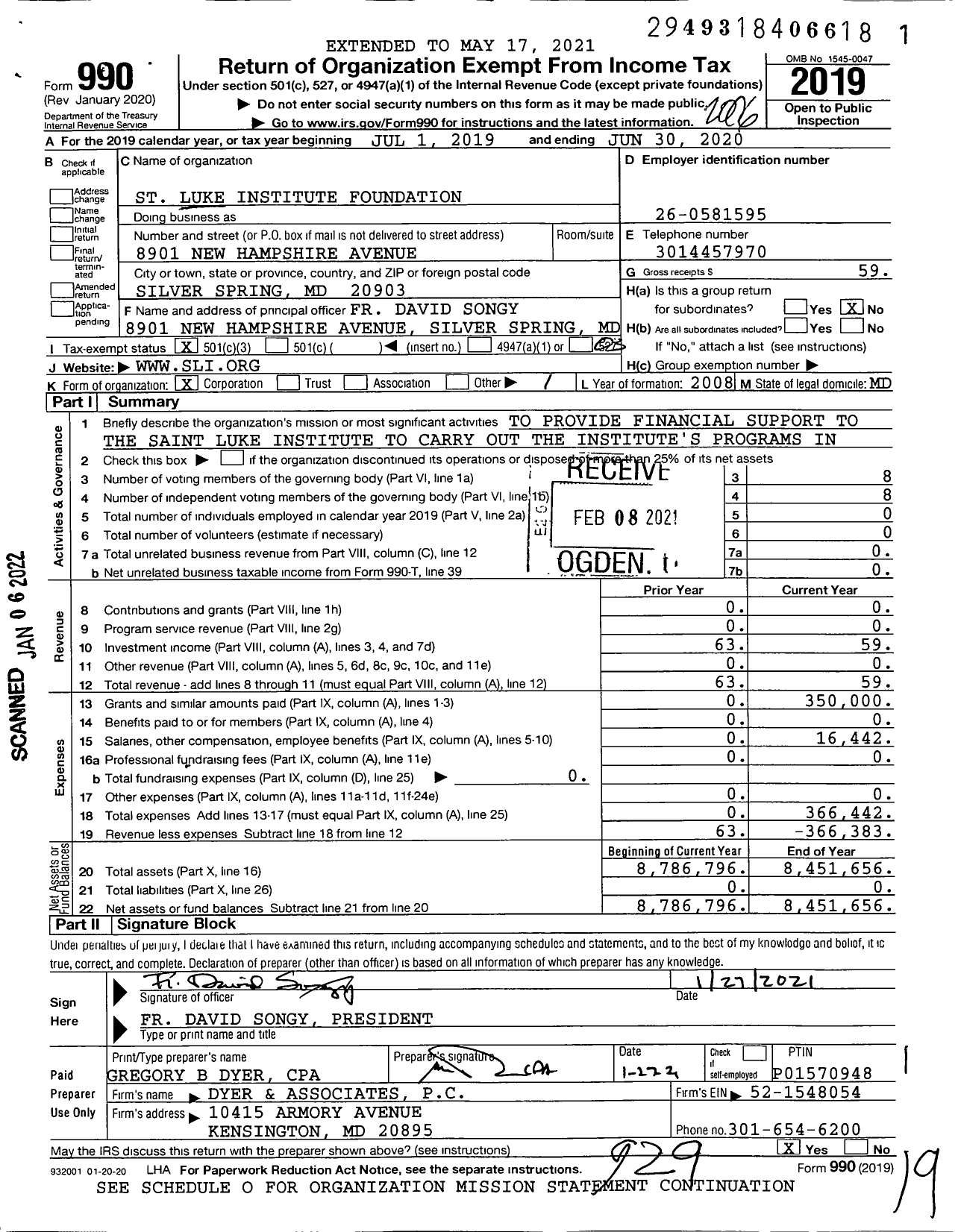 Image of first page of 2019 Form 990 for Saint Luke Institute Foundation