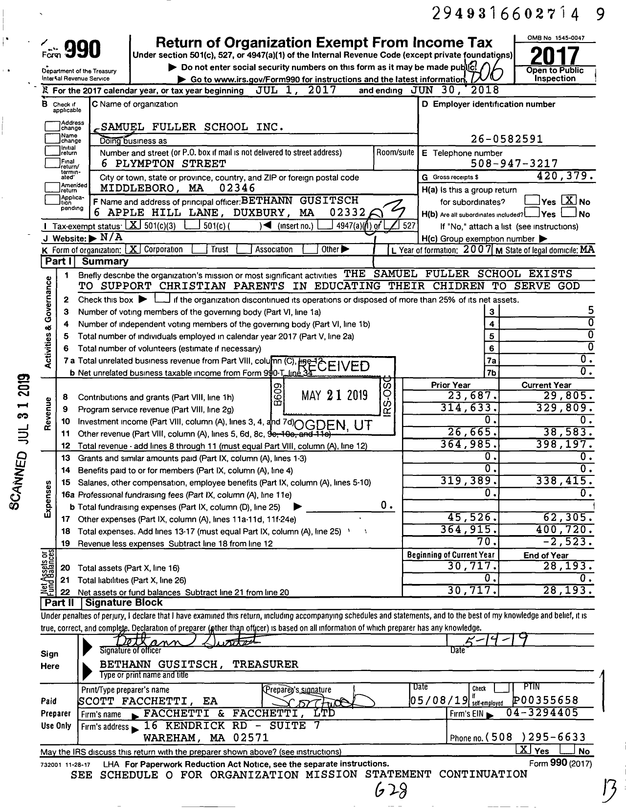 Image of first page of 2017 Form 990 for Samuel Fuller School