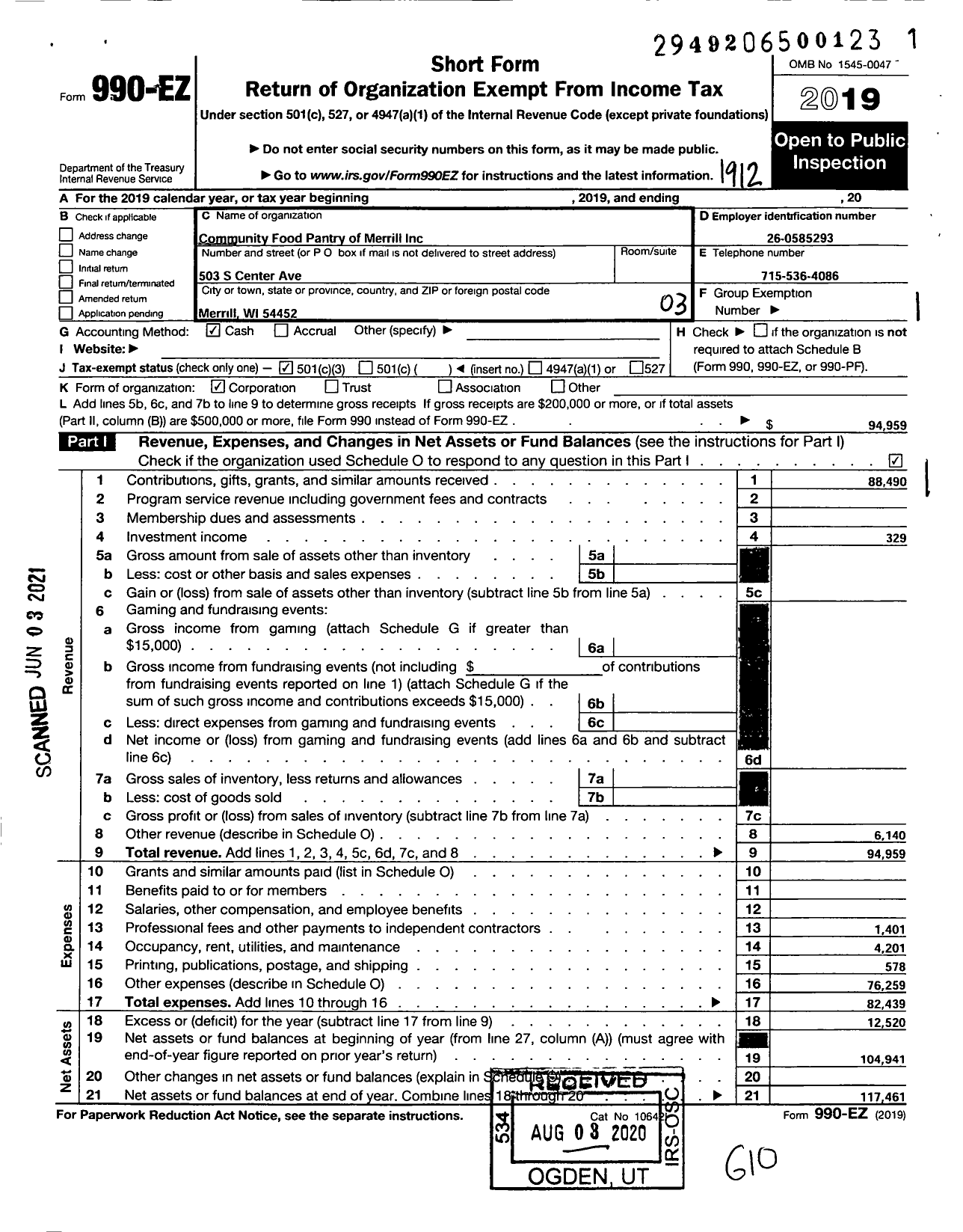 Image of first page of 2019 Form 990EZ for Community Food Pantry of Merrill