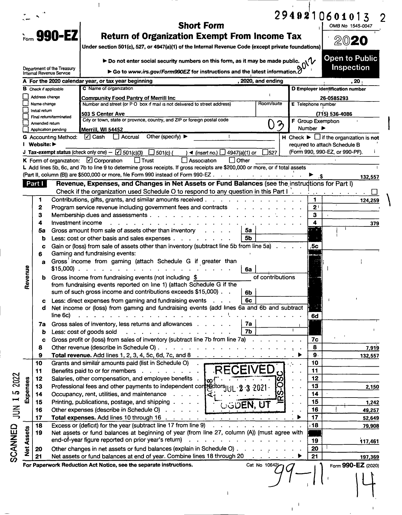 Image of first page of 2020 Form 990EZ for Community Food Pantry of Merrill