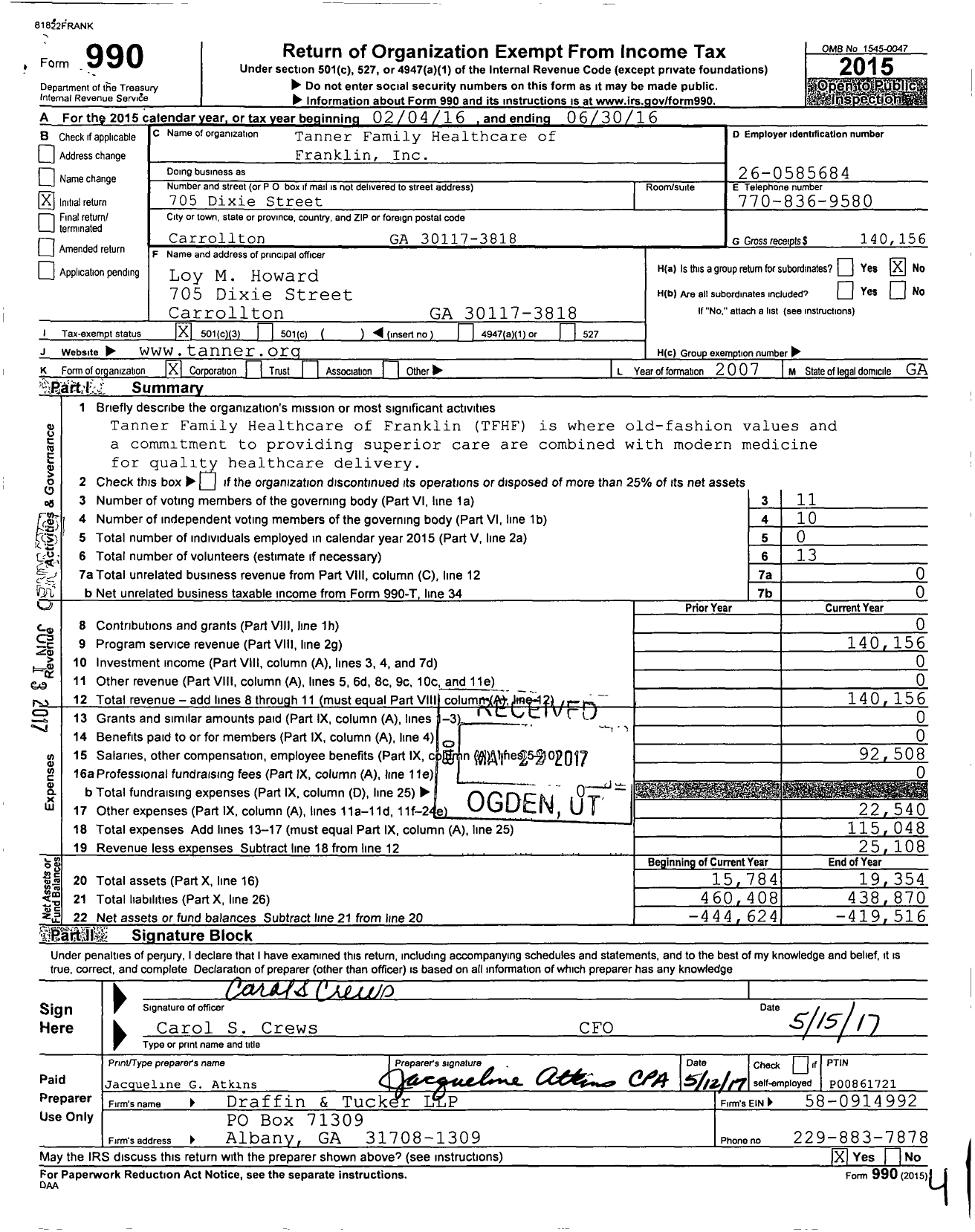 Image of first page of 2015 Form 990 for Tanner Family Healthcare of Franklin