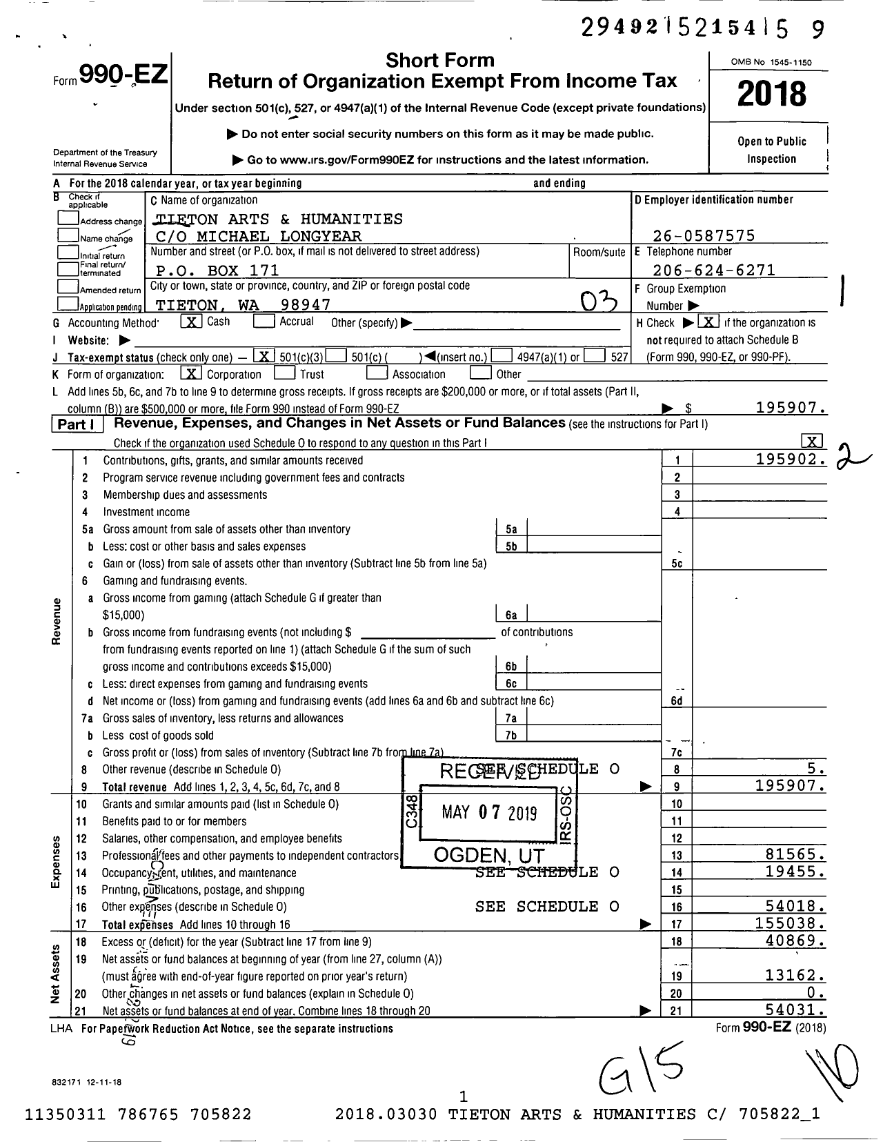 Image of first page of 2018 Form 990EZ for Tieton Arts and Humanities