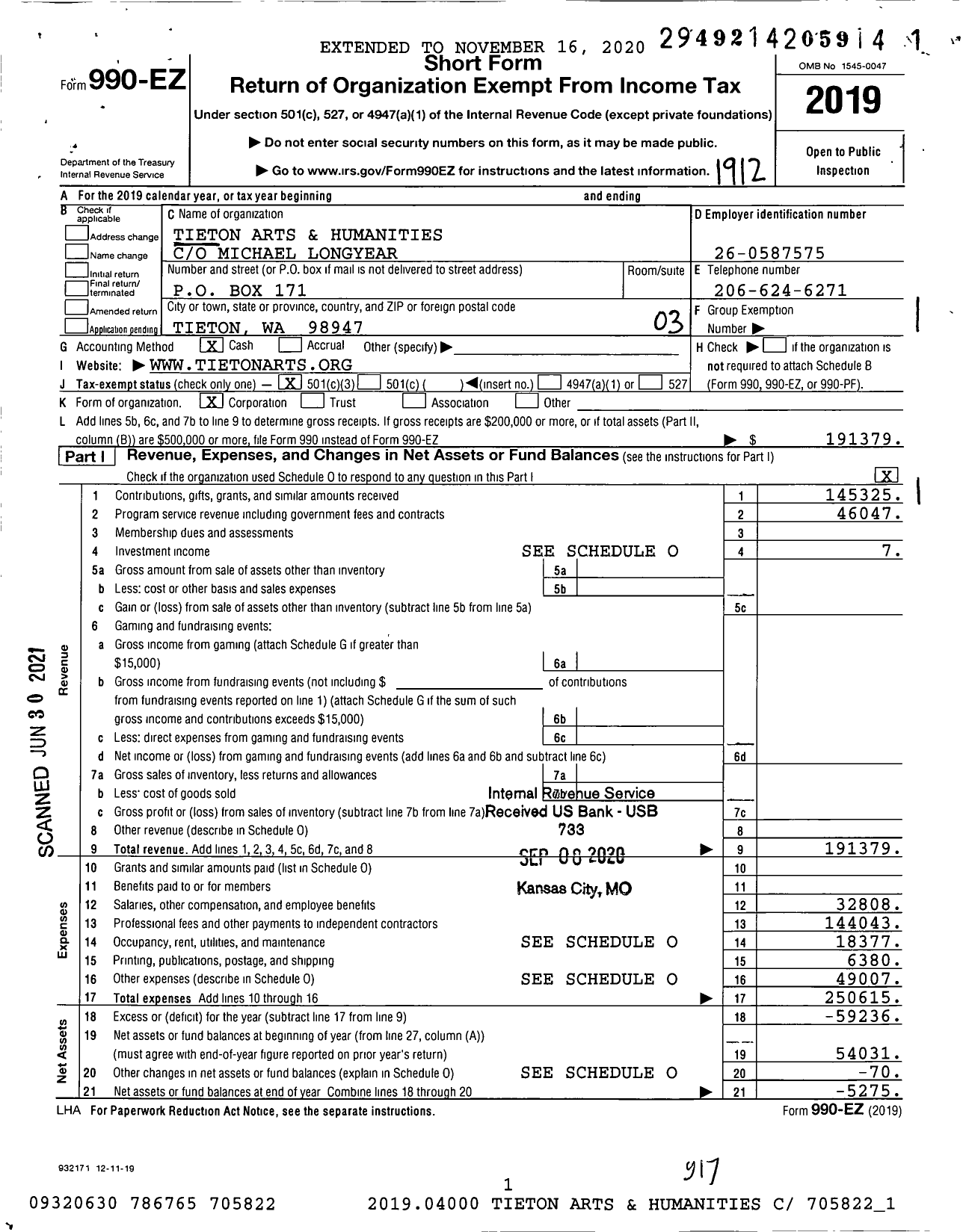 Image of first page of 2019 Form 990EZ for Tieton Arts and Humanities