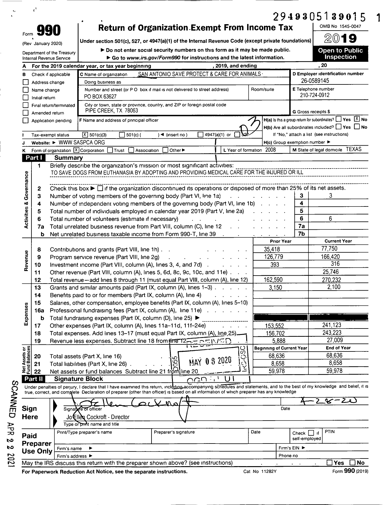 Image of first page of 2019 Form 990 for San Antonio Save Protect Care for Animals