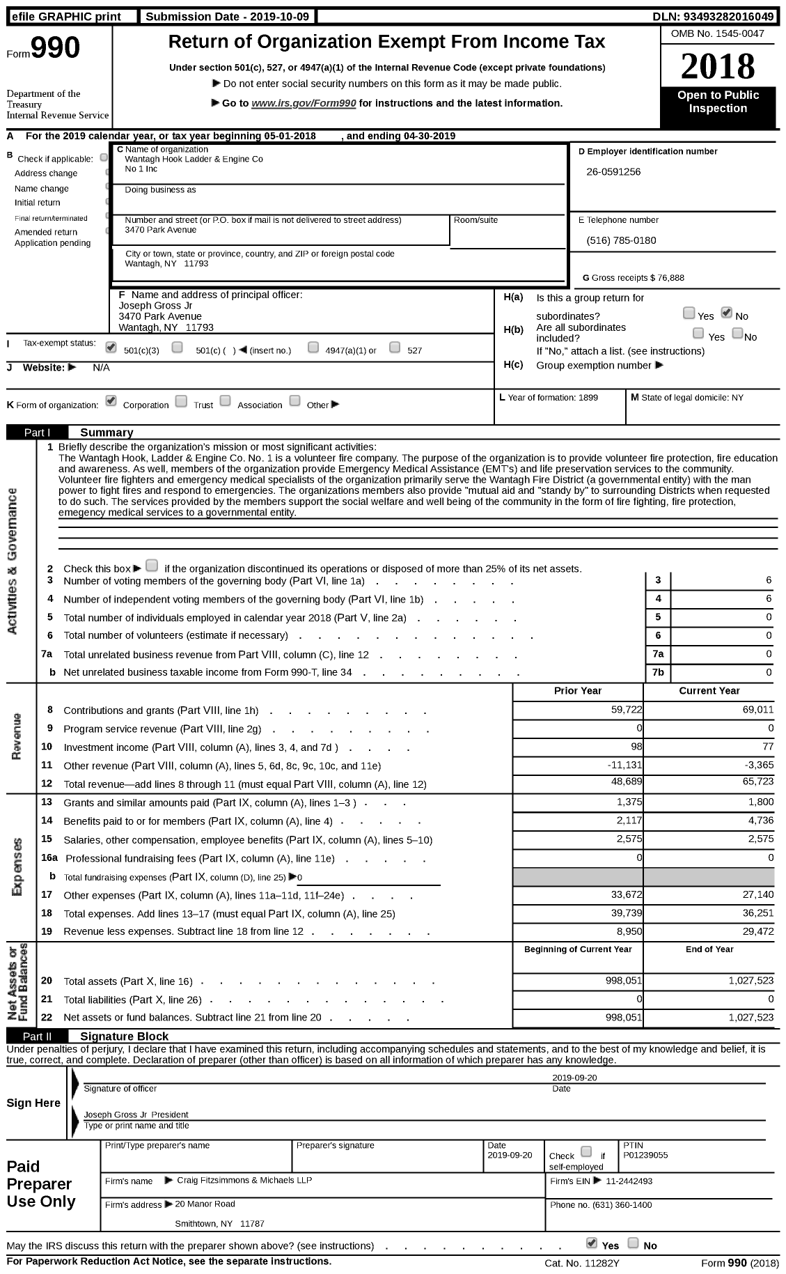 Image of first page of 2018 Form 990 for Wantagh HOOK Ladder and ENGINE No 1