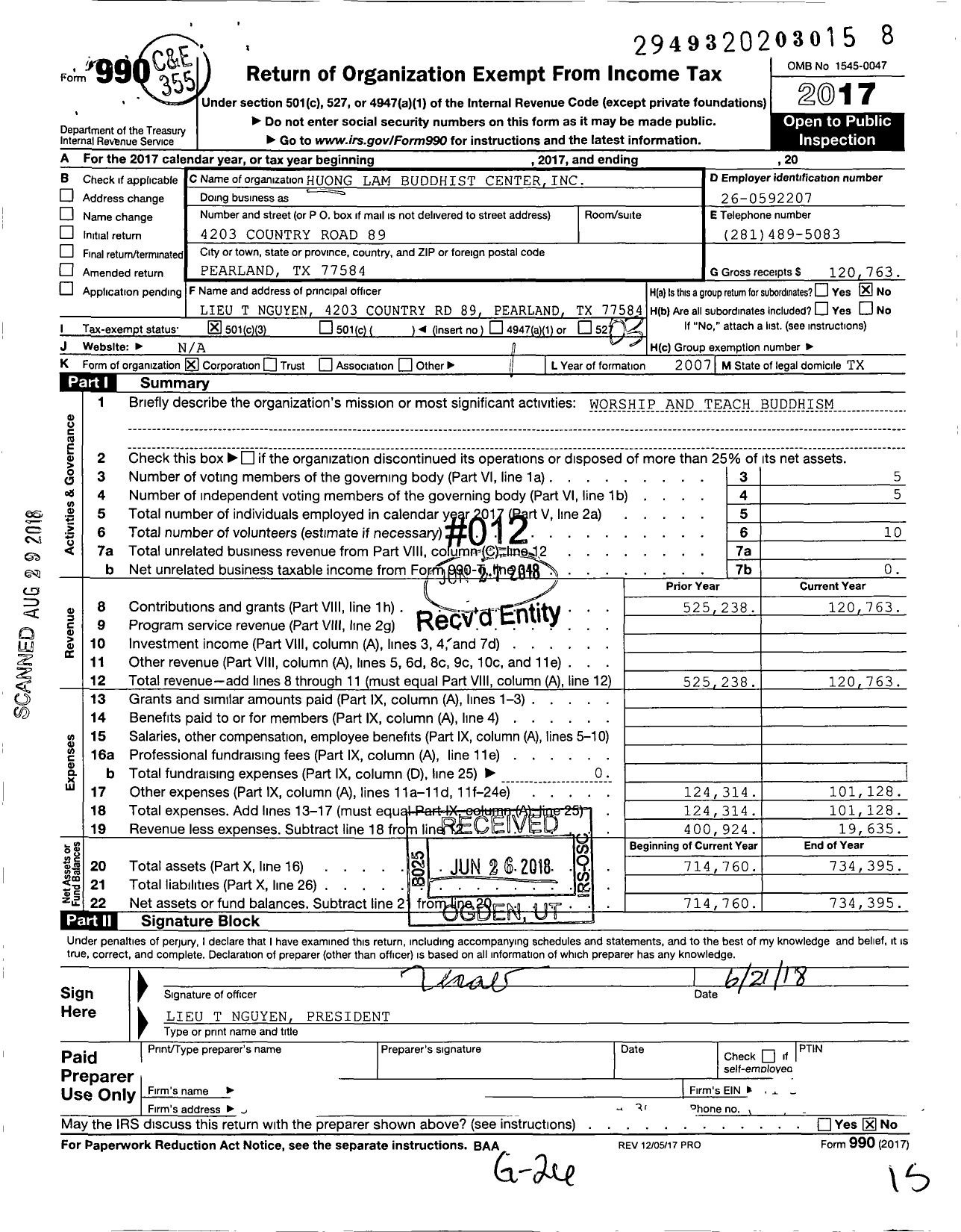 Image of first page of 2017 Form 990 for Huong Lam Buddhist Center