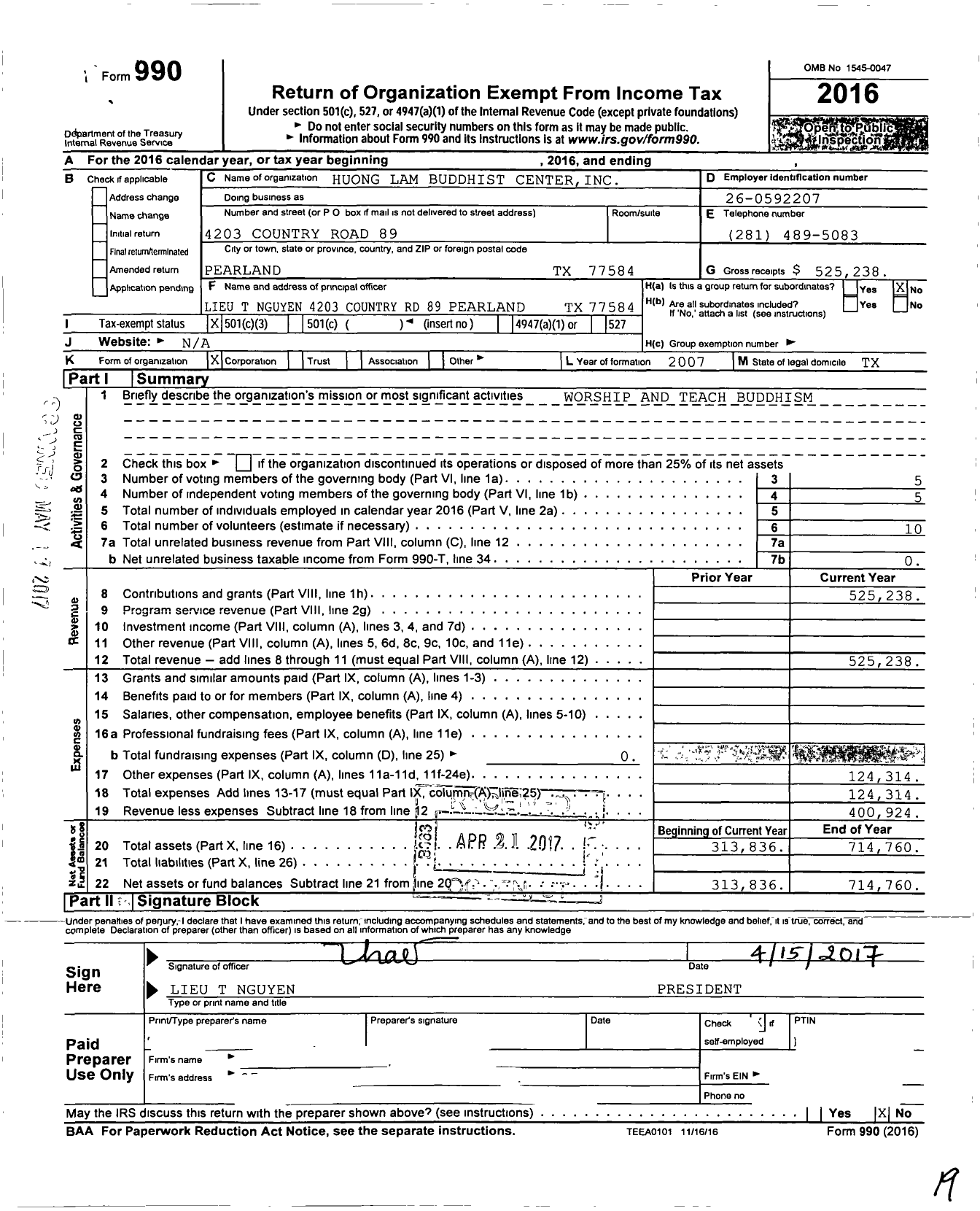 Image of first page of 2016 Form 990 for Huong Lam Buddhist Center