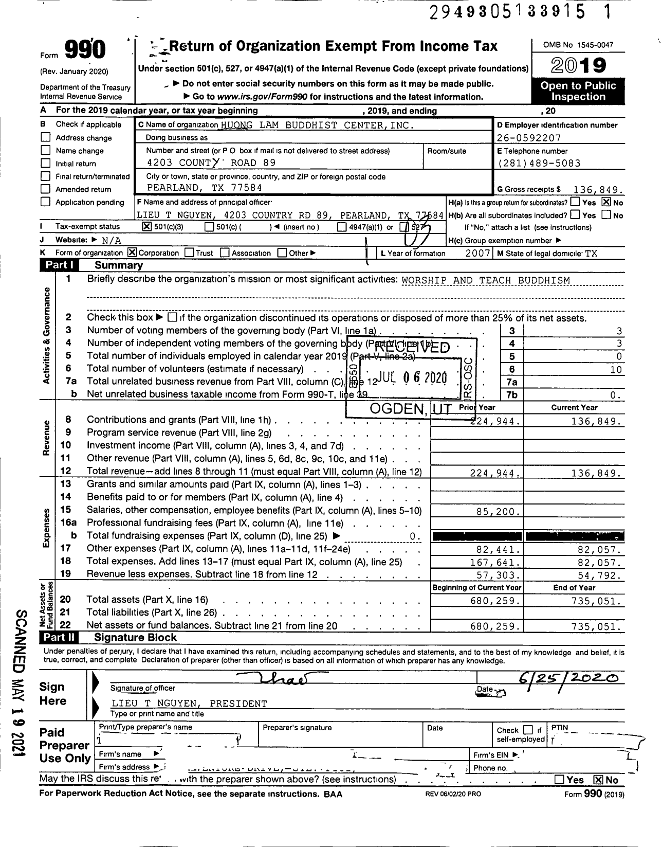 Image of first page of 2019 Form 990 for Huong Lam Buddhist Center