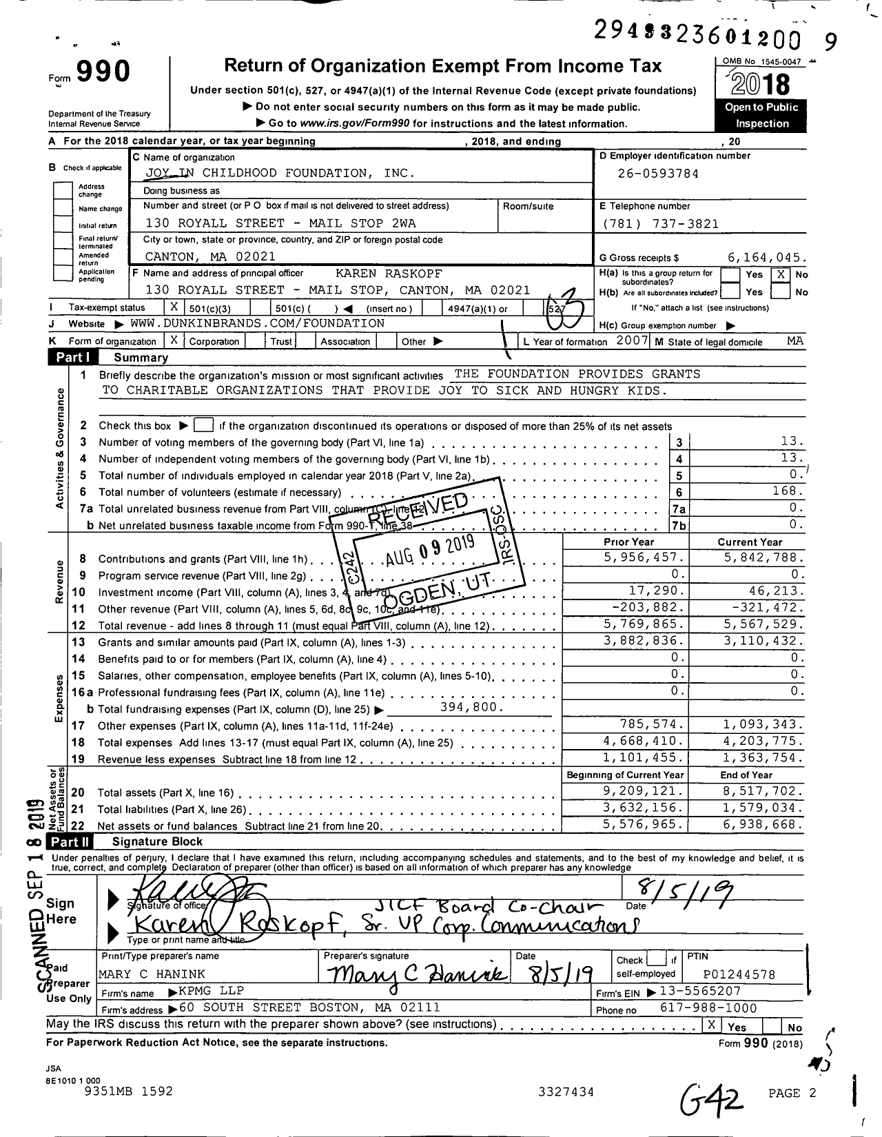 Image of first page of 2018 Form 990 for Joy In Childhood Foundation
