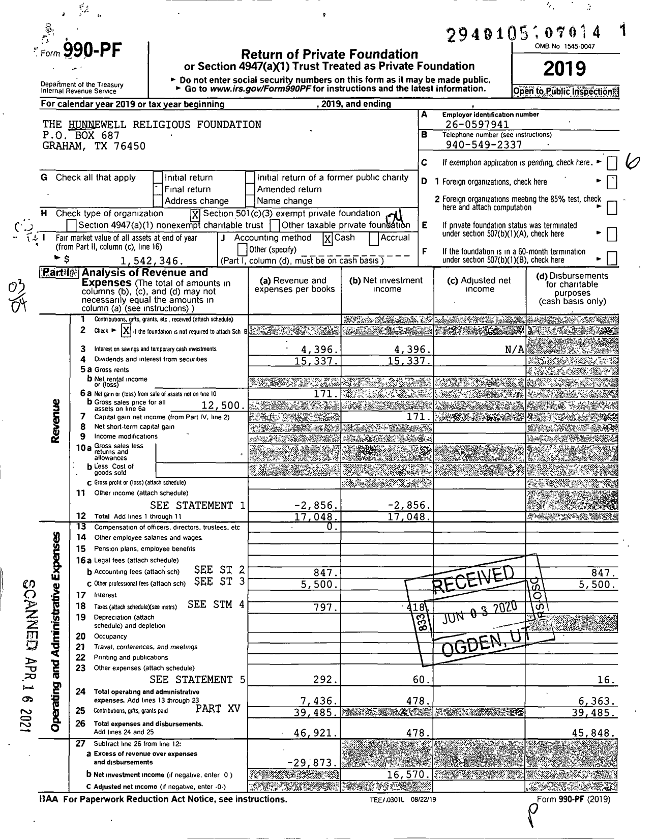 Image of first page of 2019 Form 990PF for The Hunnewell Religious Foundation