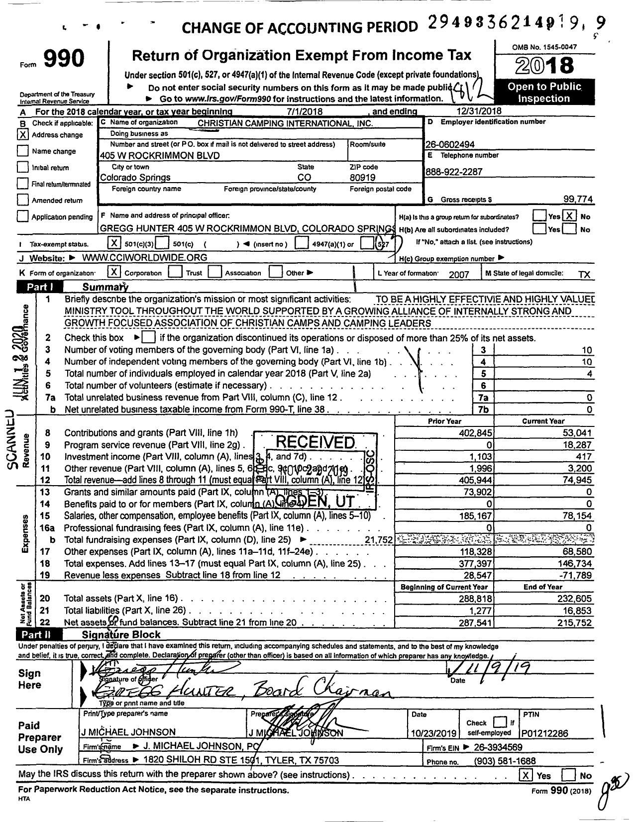 Image of first page of 2018 Form 990 for Christian Camping International