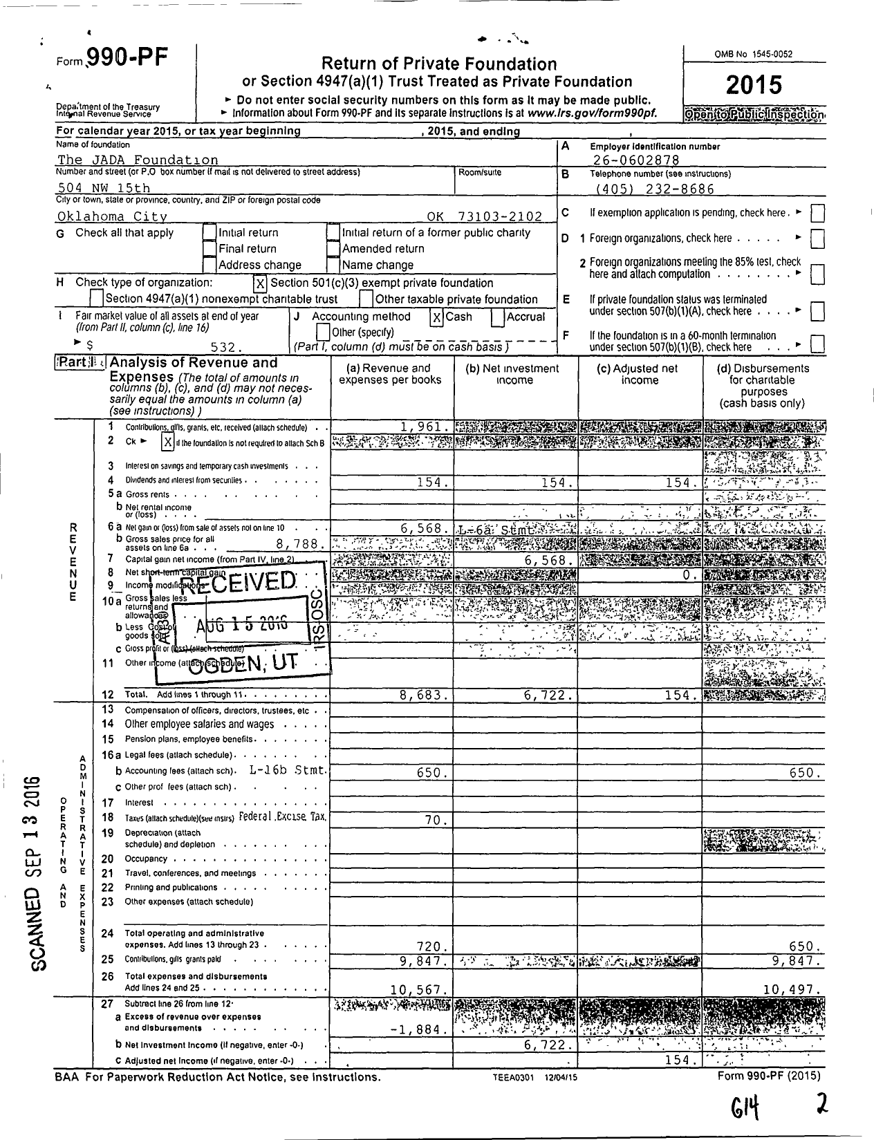 Image of first page of 2015 Form 990PF for The JADA Foundation