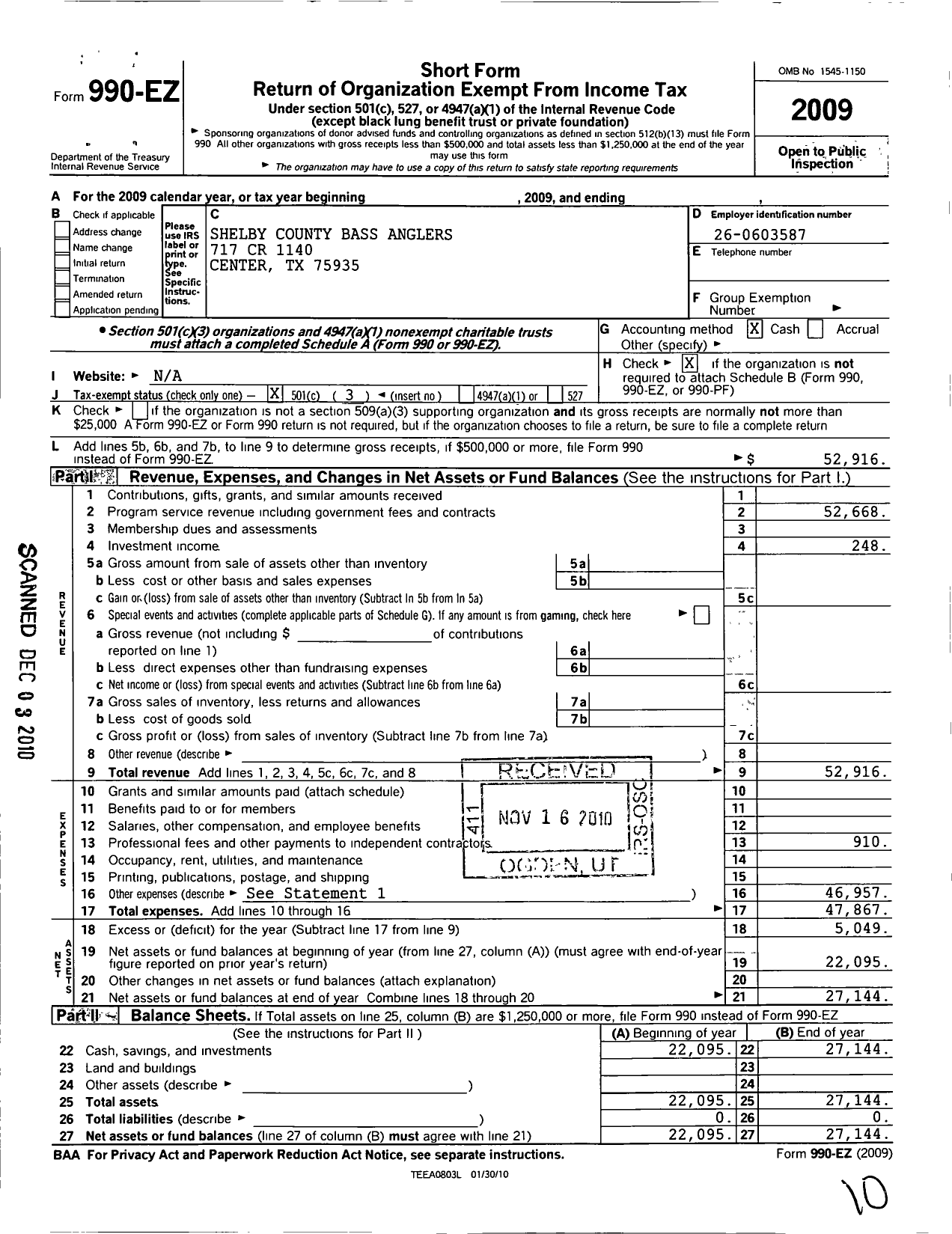 Image of first page of 2009 Form 990EZ for Shelby County Bass Anglers