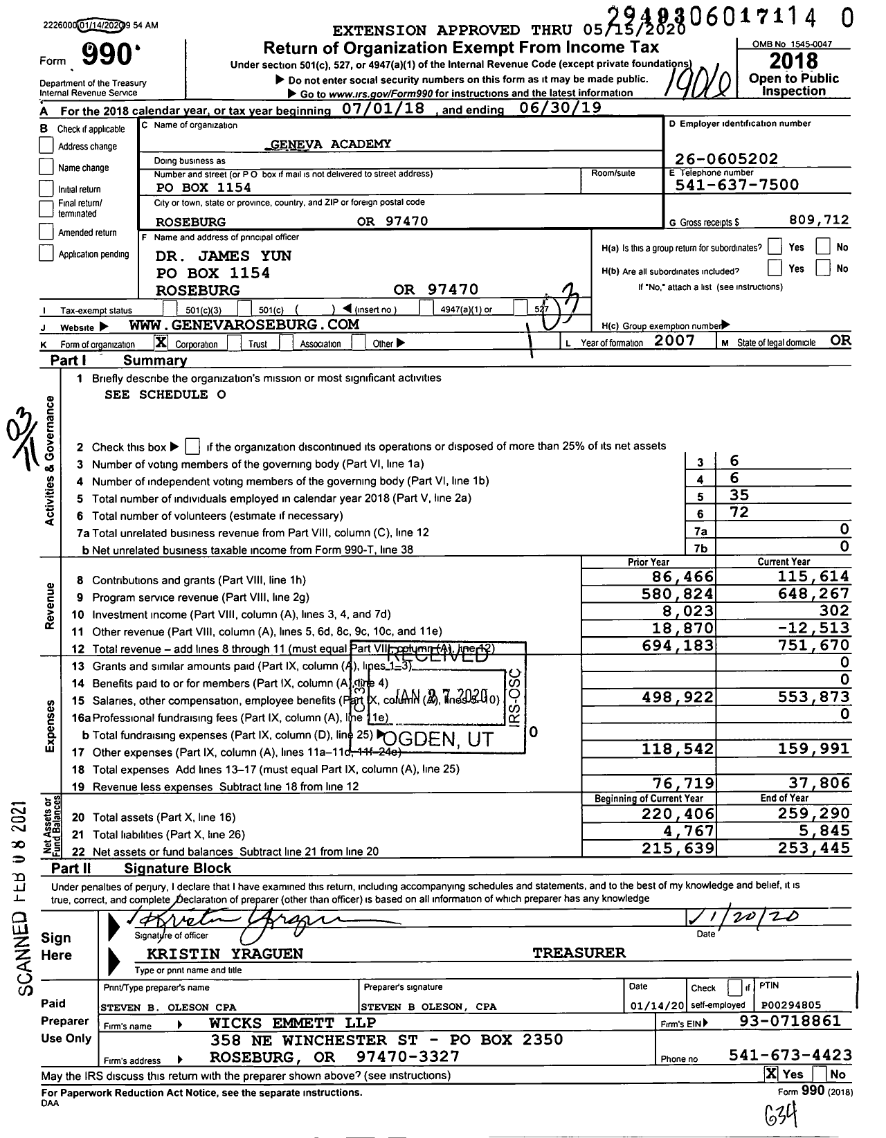 Image of first page of 2018 Form 990 for Geneva Academy