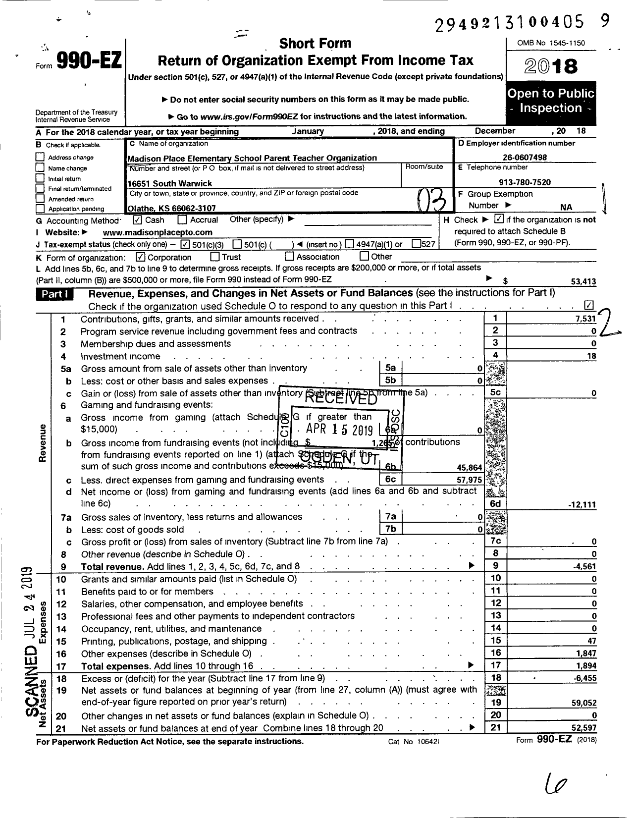 Image of first page of 2018 Form 990EZ for Madison Place Pto