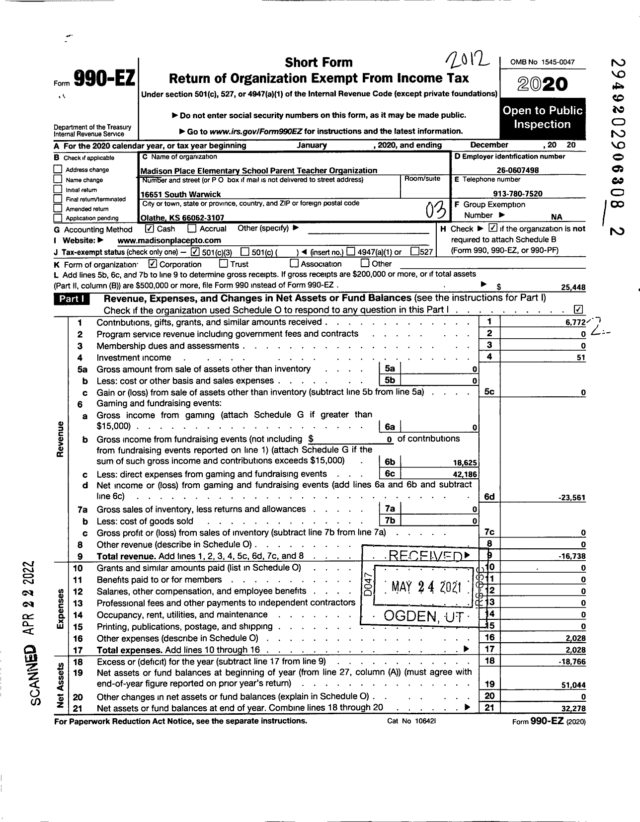 Image of first page of 2020 Form 990EZ for Madison Place Pto