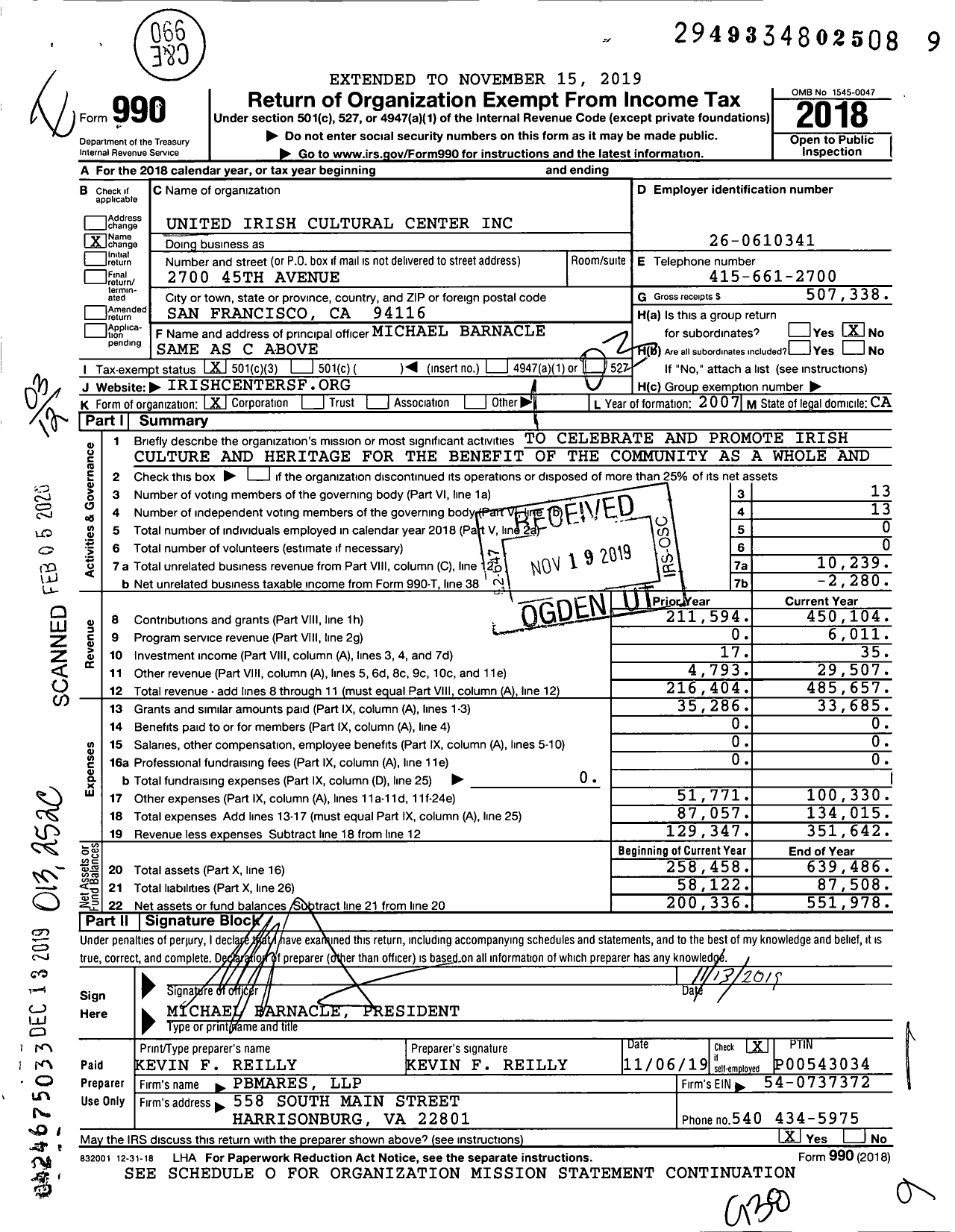 Image of first page of 2018 Form 990 for United Irish Cultural Center