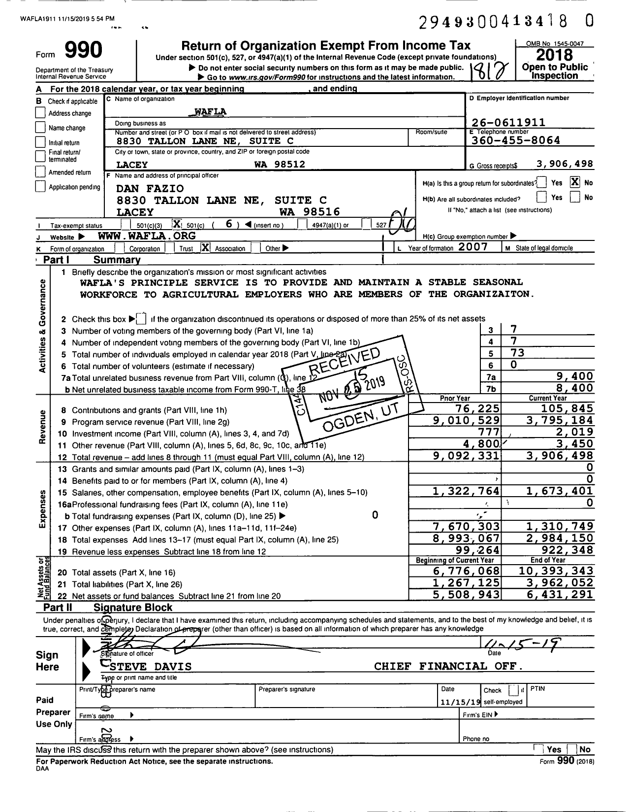 Image of first page of 2018 Form 990O for Washington Farm Labor Association (WAFLA)