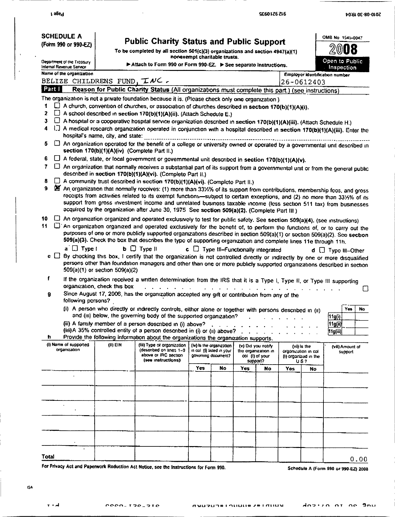 Image of first page of 2008 Form 990R for Belize Childrens Fund