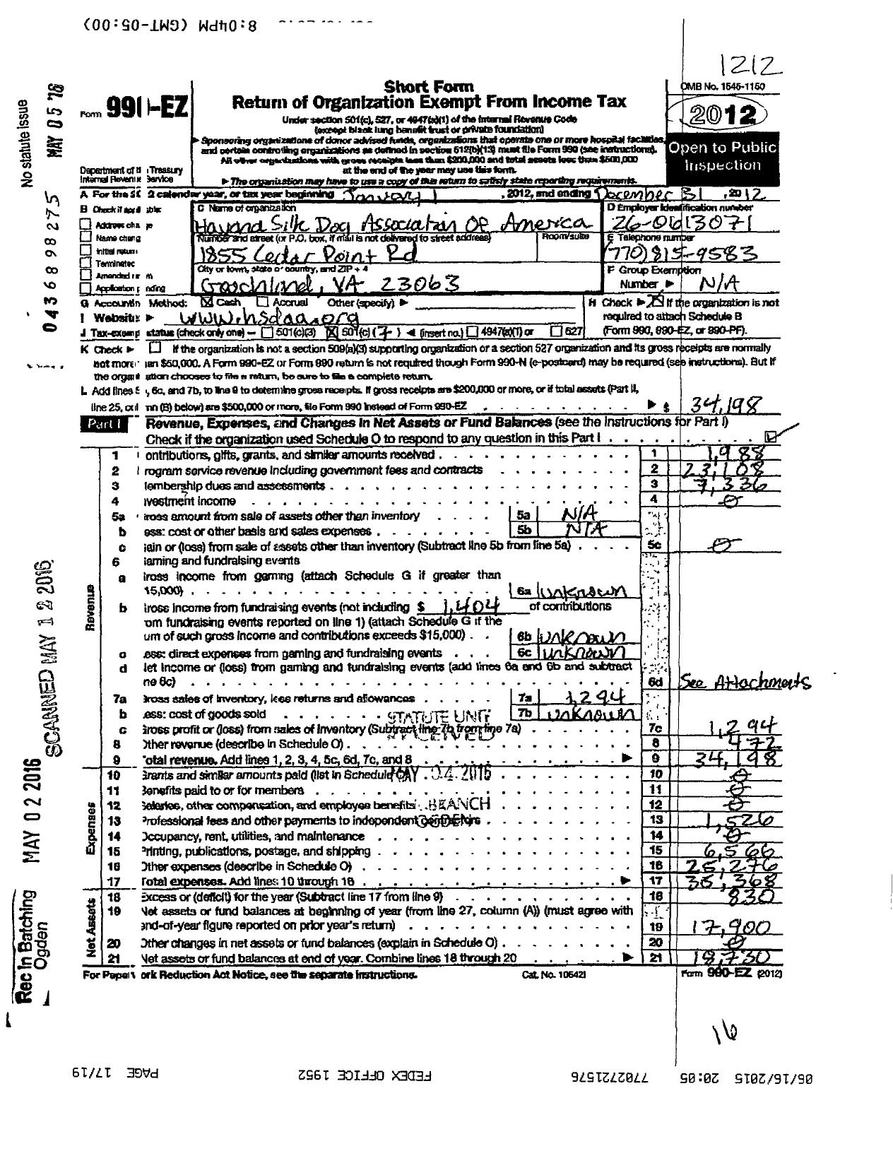 Image of first page of 2012 Form 990EO for Havana Silk Dog Association of America