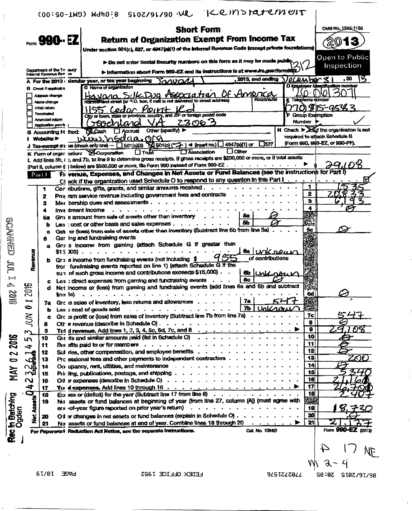 Image of first page of 2013 Form 990EO for Havana Silk Dog Association of America