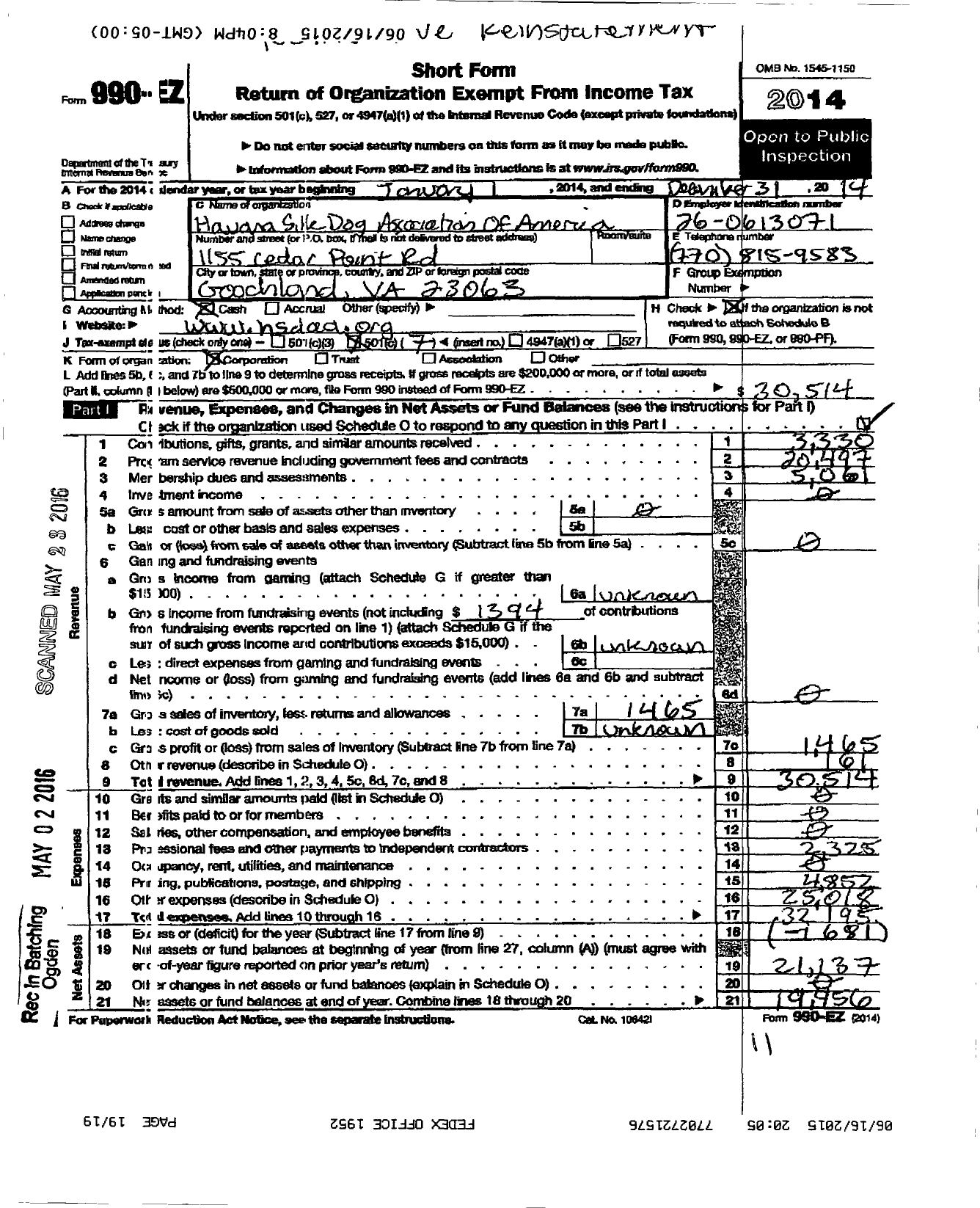 Image of first page of 2014 Form 990EO for Havana Silk Dog Association of America