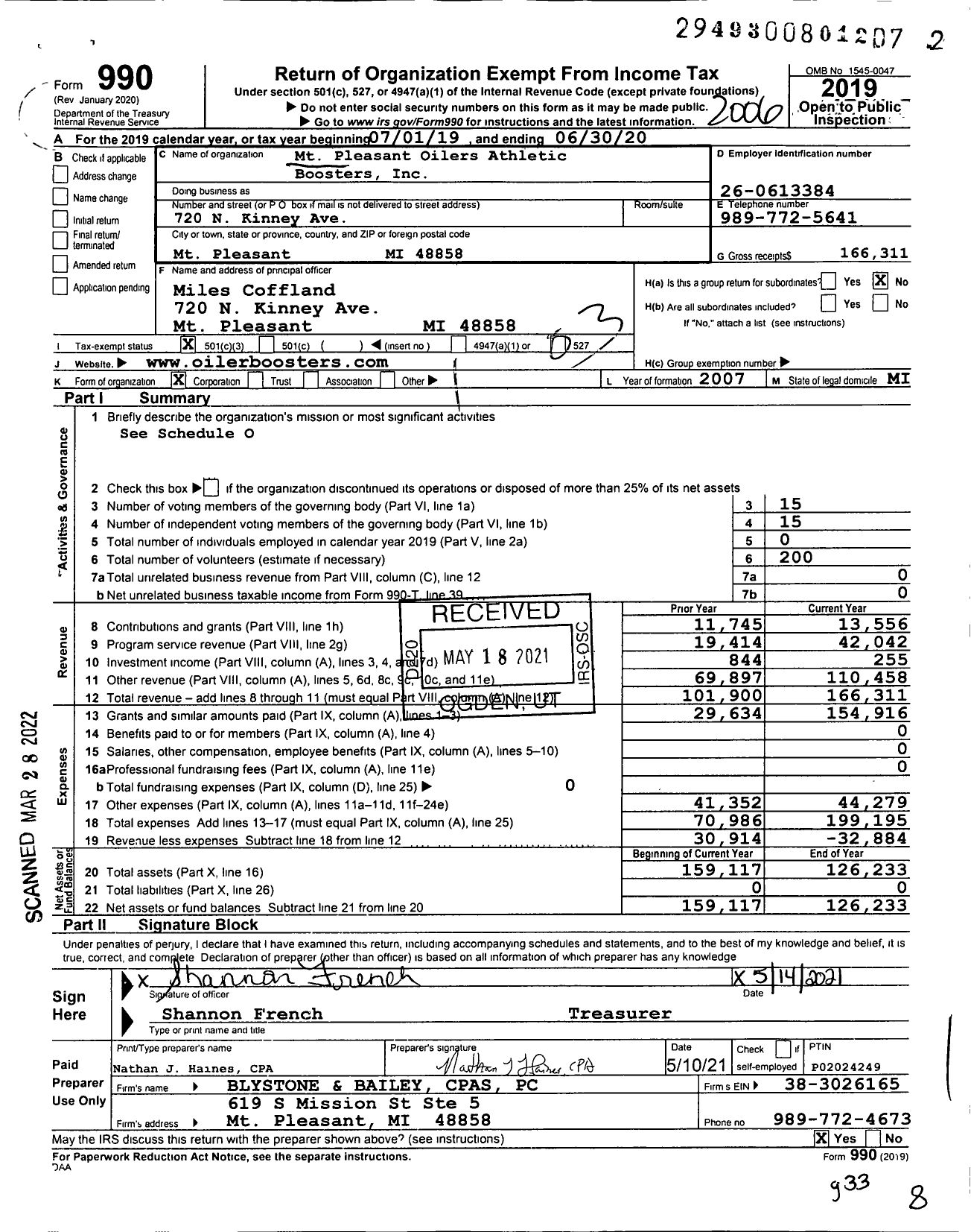 Image of first page of 2019 Form 990 for MT Pleasant Oilers Athletic Boosters