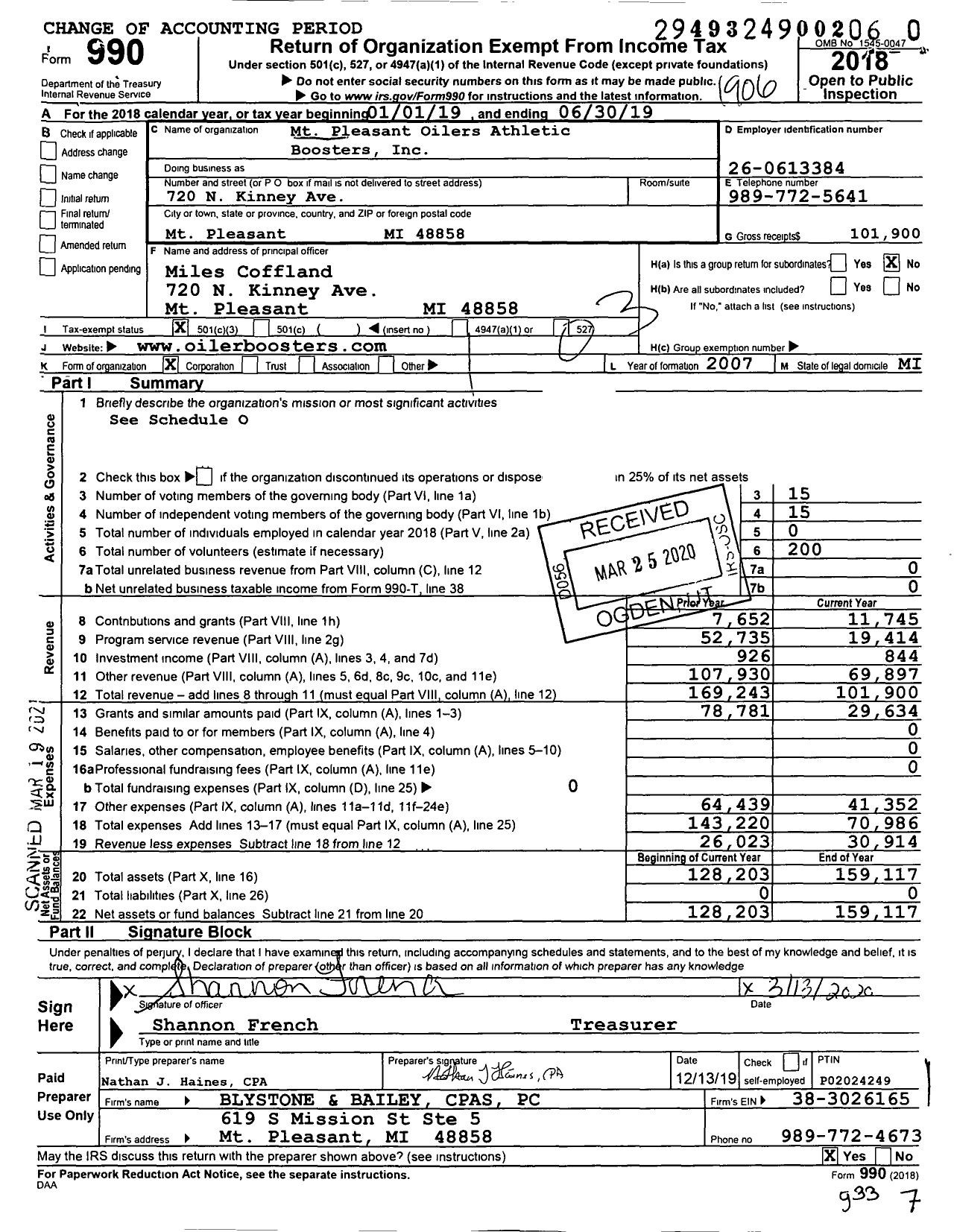 Image of first page of 2018 Form 990 for MT Pleasant Oilers Athletic Boosters