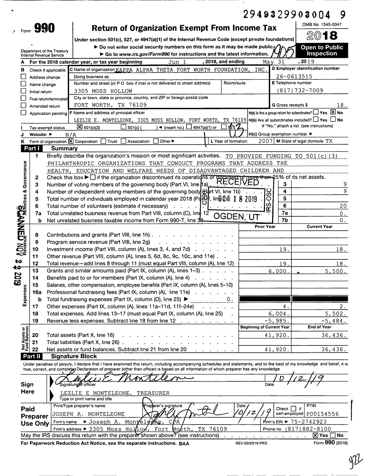 Image of first page of 2018 Form 990 for Kappa Alpha Theta Fort Worth Foundation