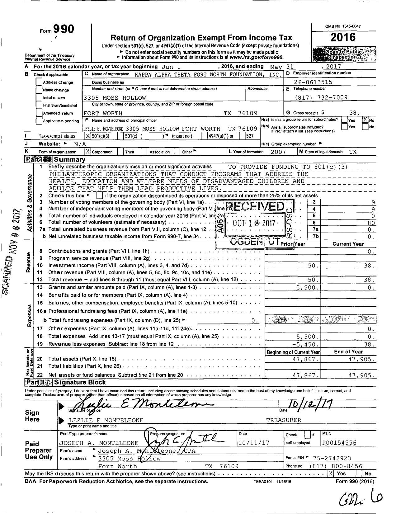 Image of first page of 2016 Form 990 for Kappa Alpha Theta Fort Worth Foundation