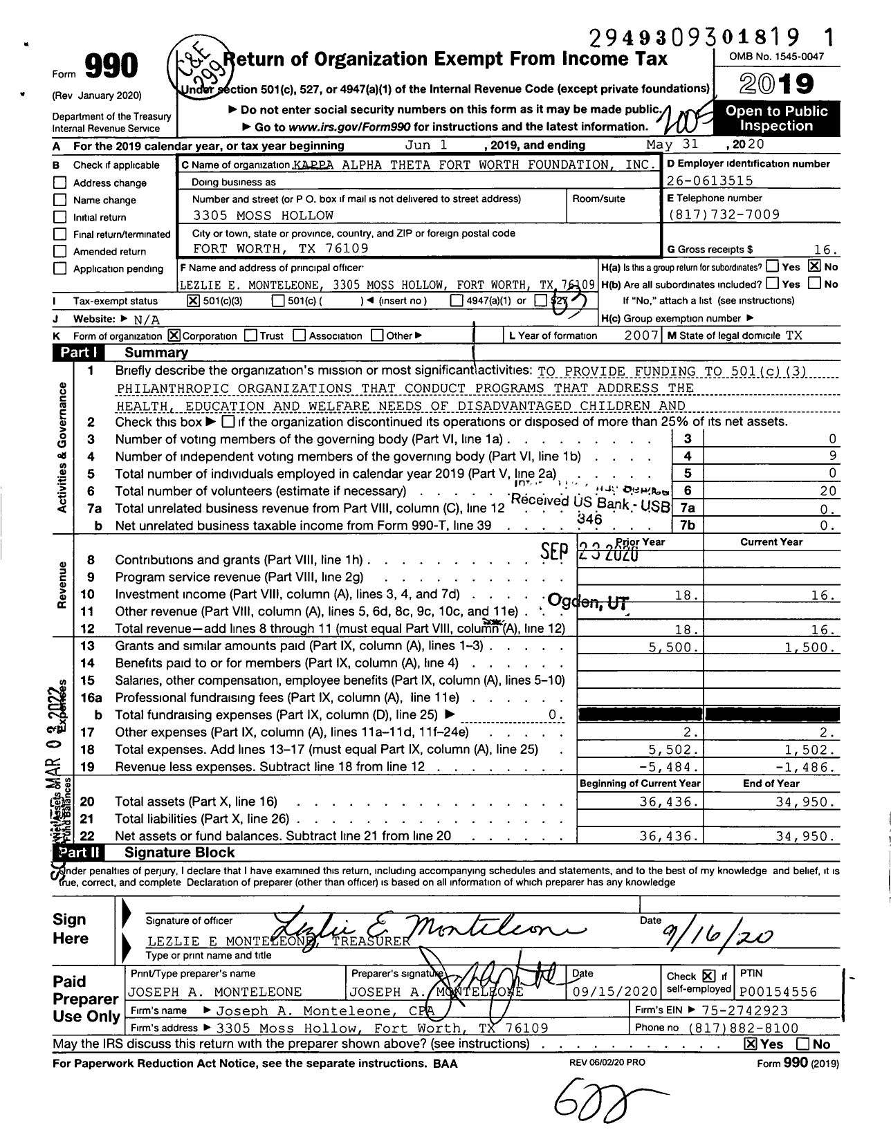 Image of first page of 2019 Form 990 for Kappa Alpha Theta Fort Worth Foundation