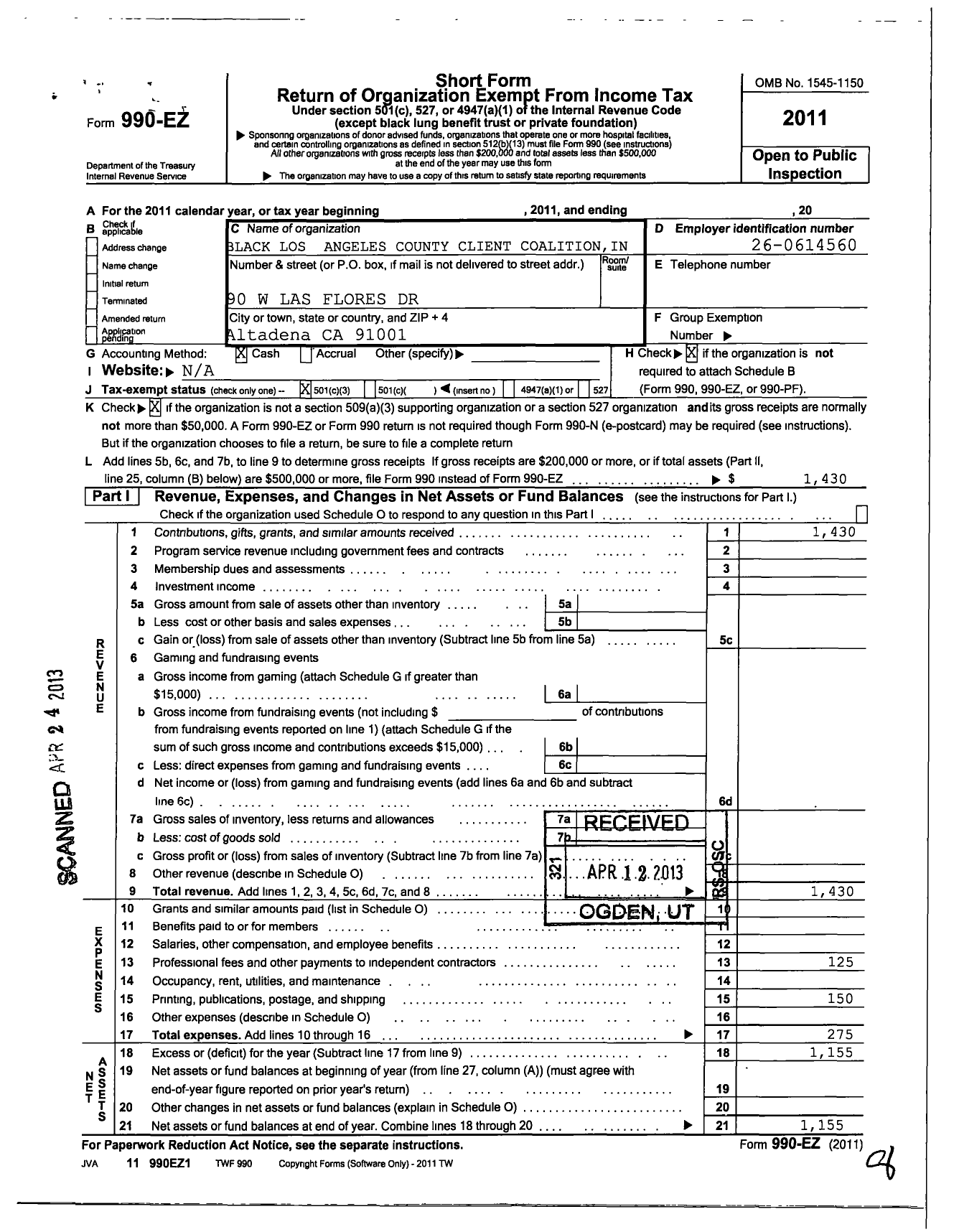 Image of first page of 2011 Form 990EZ for Black Los Angeles County Client Coalition