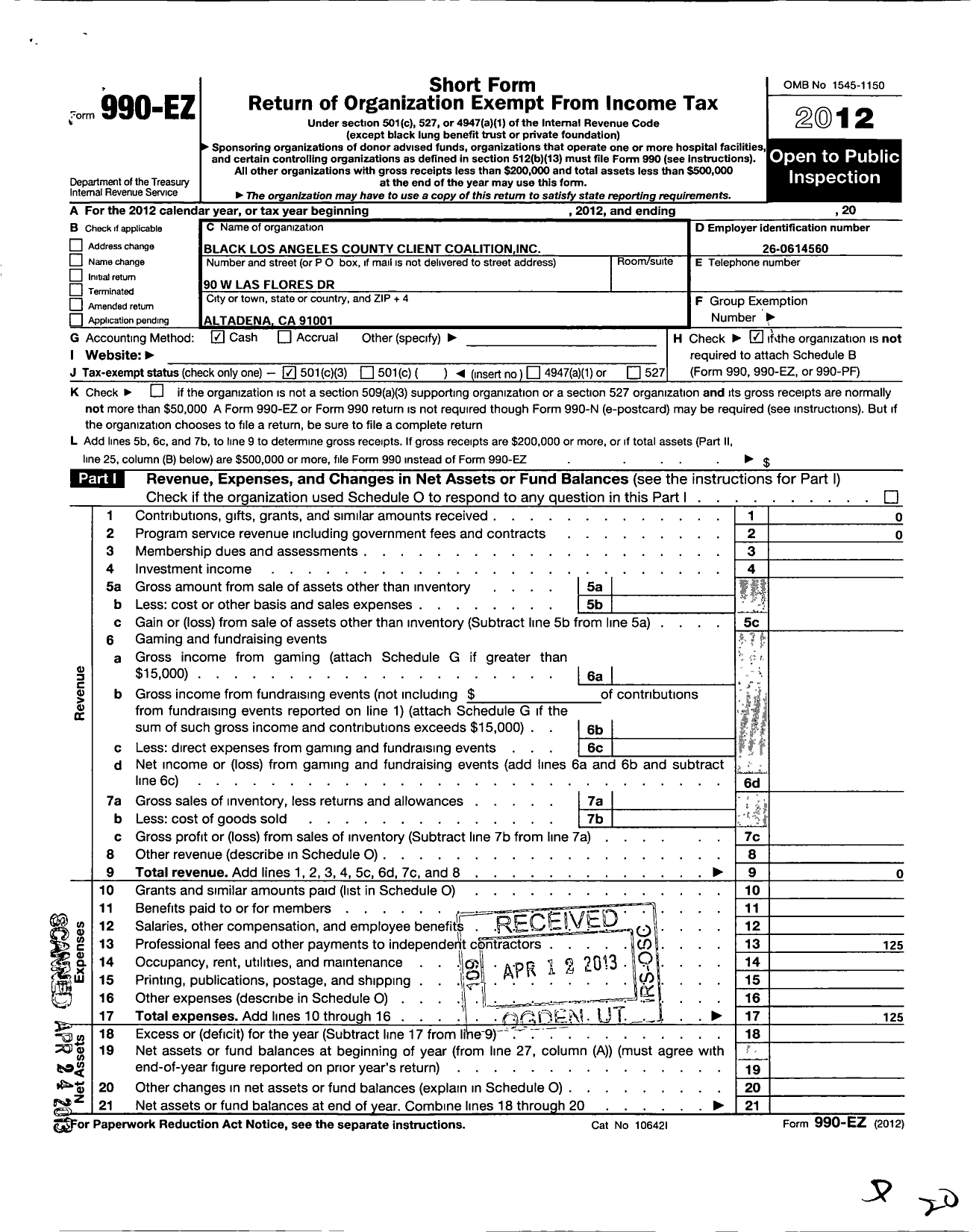 Image of first page of 2012 Form 990EZ for Black Los Angeles County Client Coalition