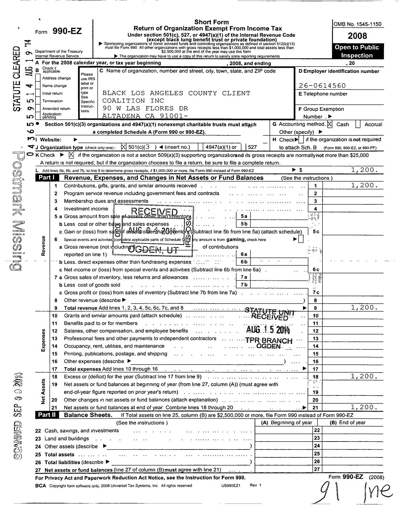 Image of first page of 2008 Form 990EZ for Black Los Angeles County Client Coalition