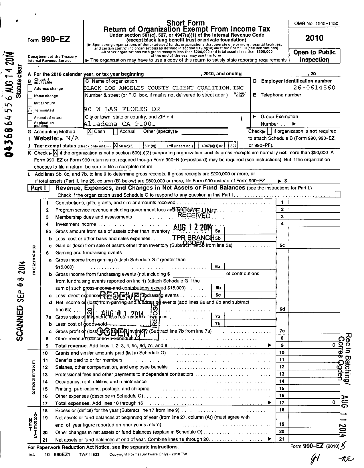 Image of first page of 2010 Form 990EZ for Black Los Angeles County Client Coalition